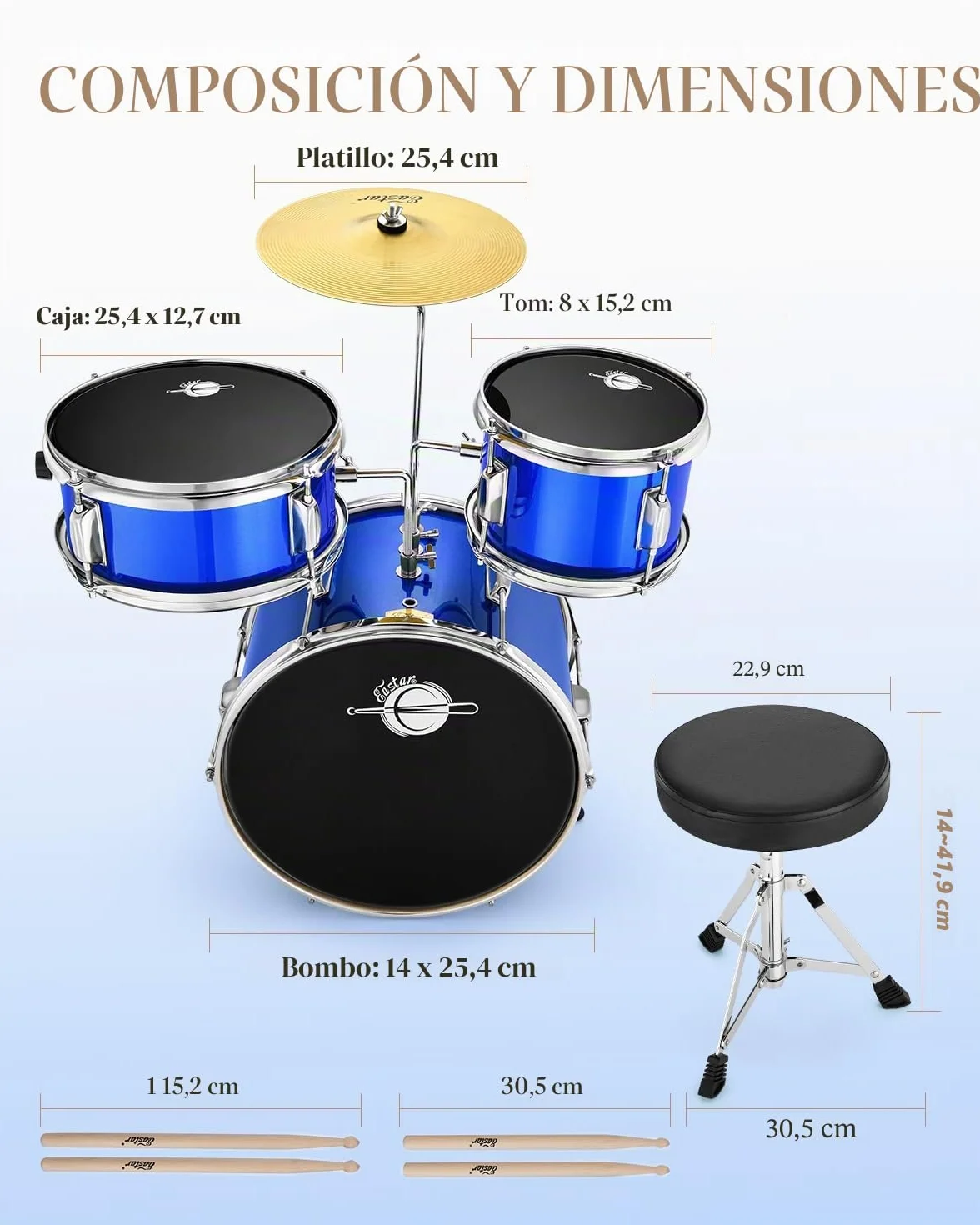 Eastar Batería Junior de 3 Piezas 14 Pulgadas, Juego de Batería para Niños con Trono, Platillo, Pedal y Baquetas, Azul EDS-180Bu