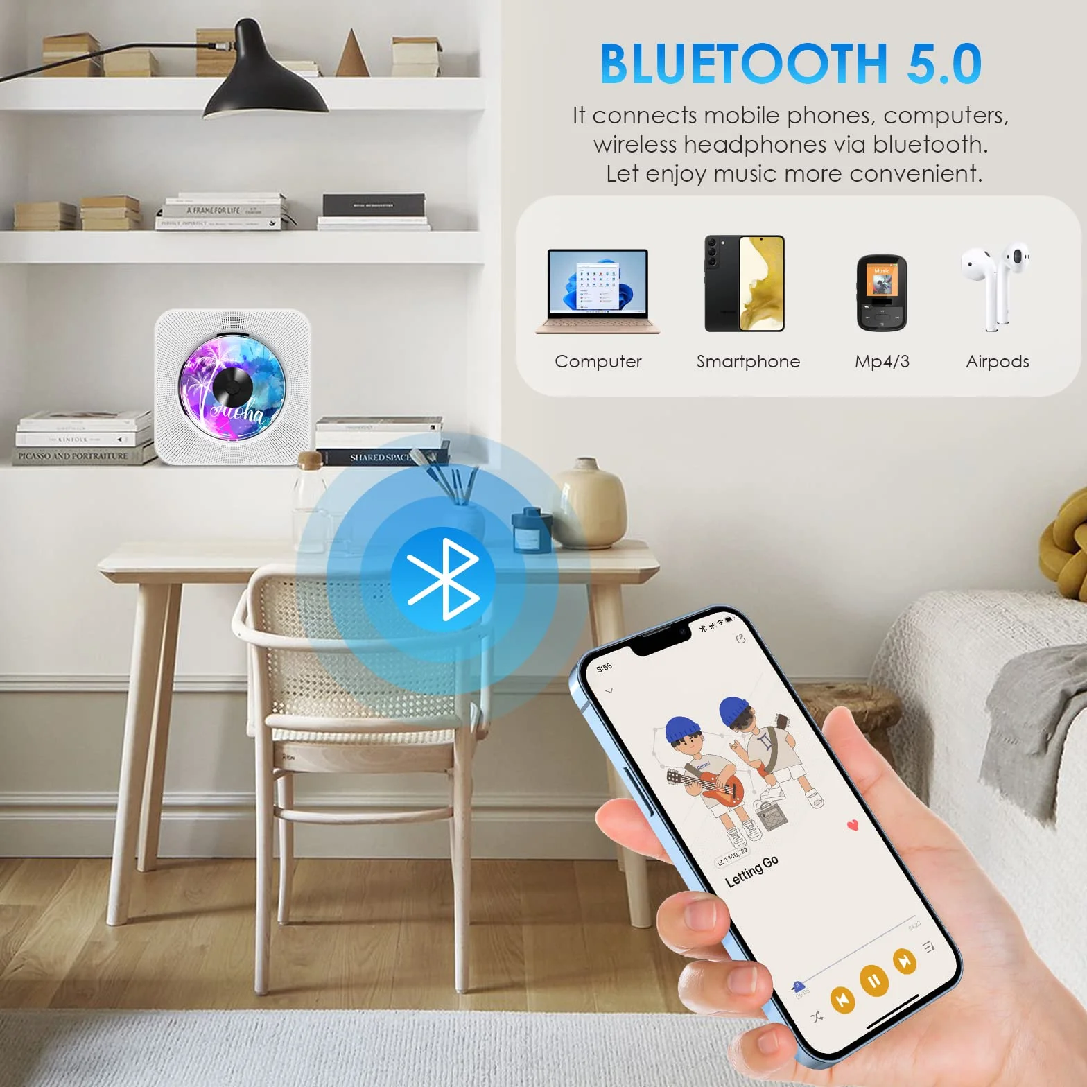 Gueray Reproductor de CD Portátil Bluetooth Montaje en Pared Altavoces HiFi Dobles Radio FM (Blanco)