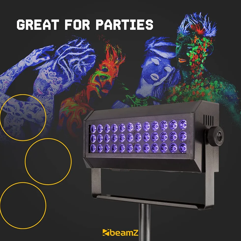 BeamZ Flood 36UV Luz LED Negra con 36 leds de 3W ultravioleta, Juego de Luces, DMX, XLR, Control de Sonido, Pantalla LED, Función Estroboscópica, Ideal para Fiestas Temáticas, discoteca, eventos