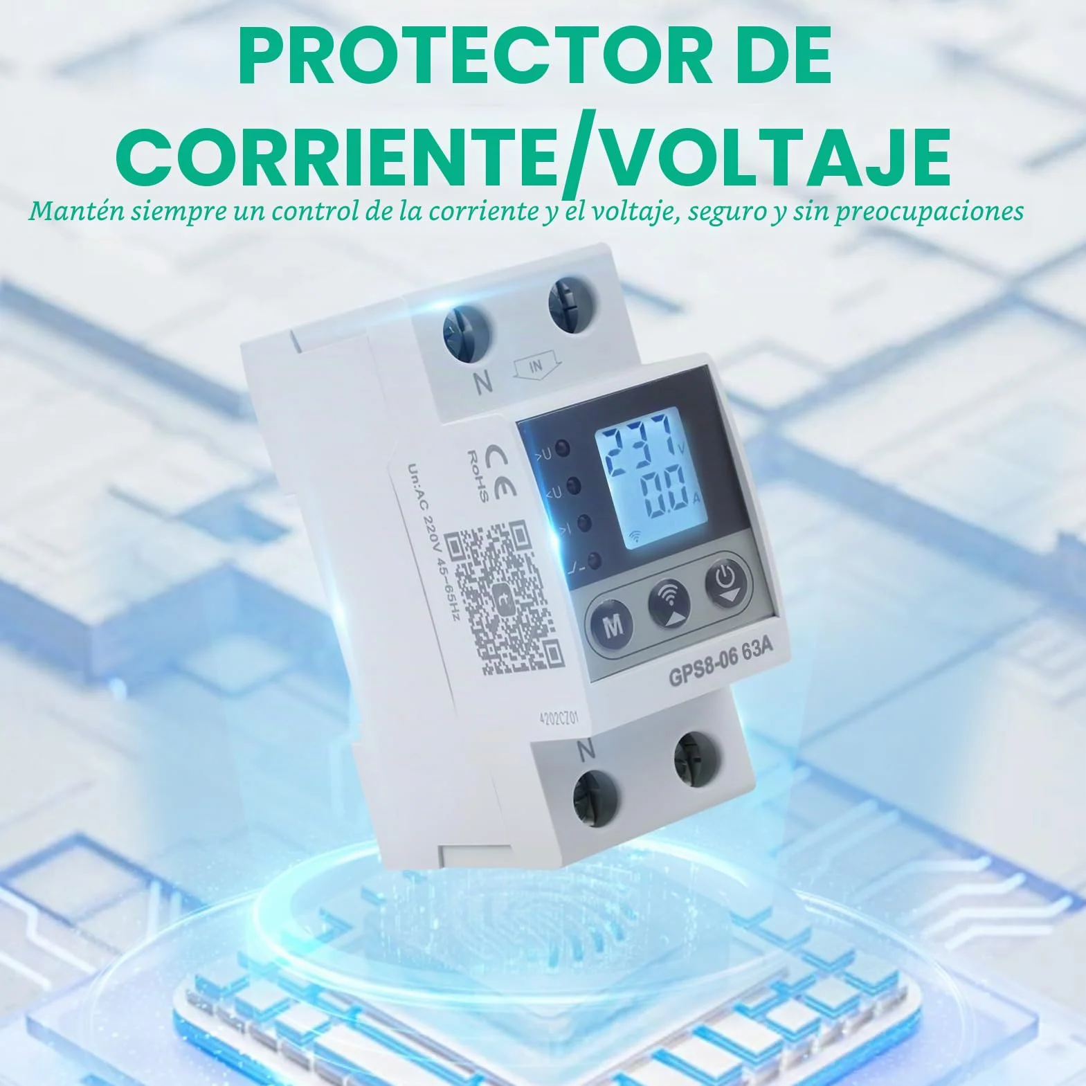 63A Protector sobretensiones WiFi Interruptor contador electrico 2P 220V AC con funcion de autorreajuste de sobretension/subtension y sobrecorriente ajustable.