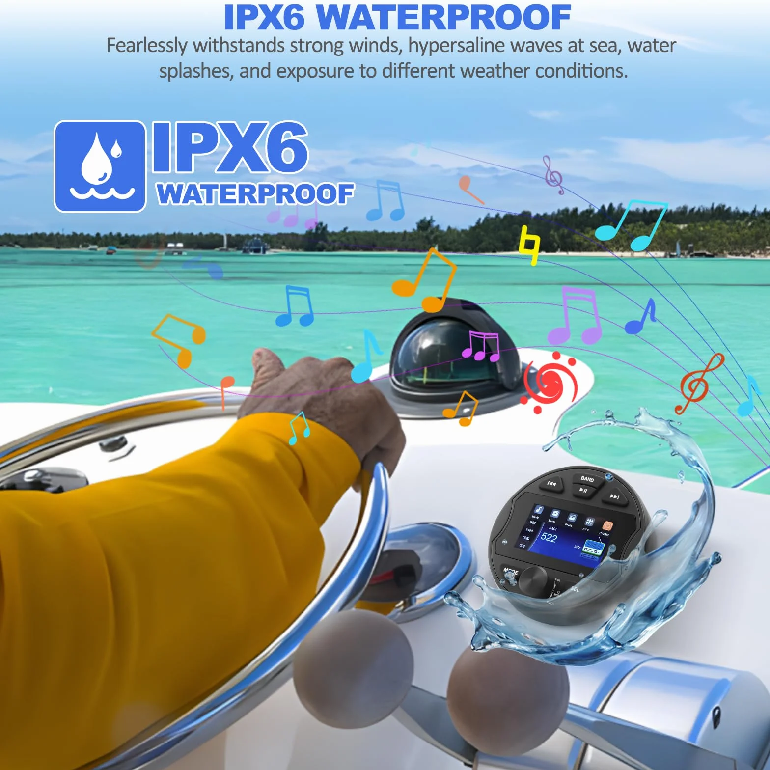 Radio marina RCA subwoofer barco estéreo MP5 reproductor multimedia para BT & FM/AM funcional, USB IPX6 resistente al agua para barcos y uso profesional