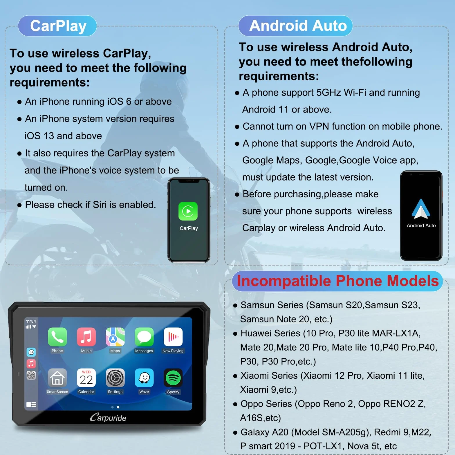 Carpuride W702 Pro Pantalla Carplay 7 Pulgadas Inalámbrico Android Auto Intercomunicador Impermeable Táctil Navegación
