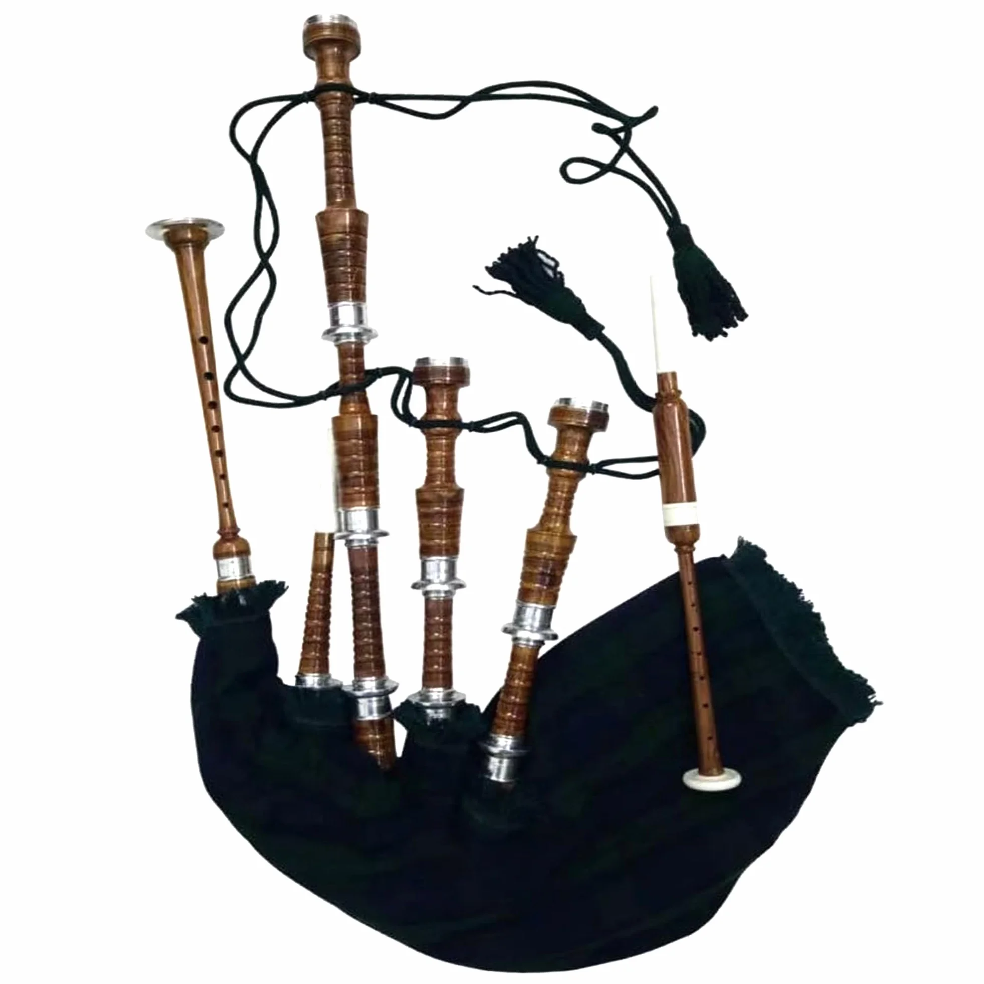 Great Highland Bagpipes - Gaita de palisandro natural con herrajes plateados, tamaño completo, tocable, con libro y bolsa de transporte gratuitos