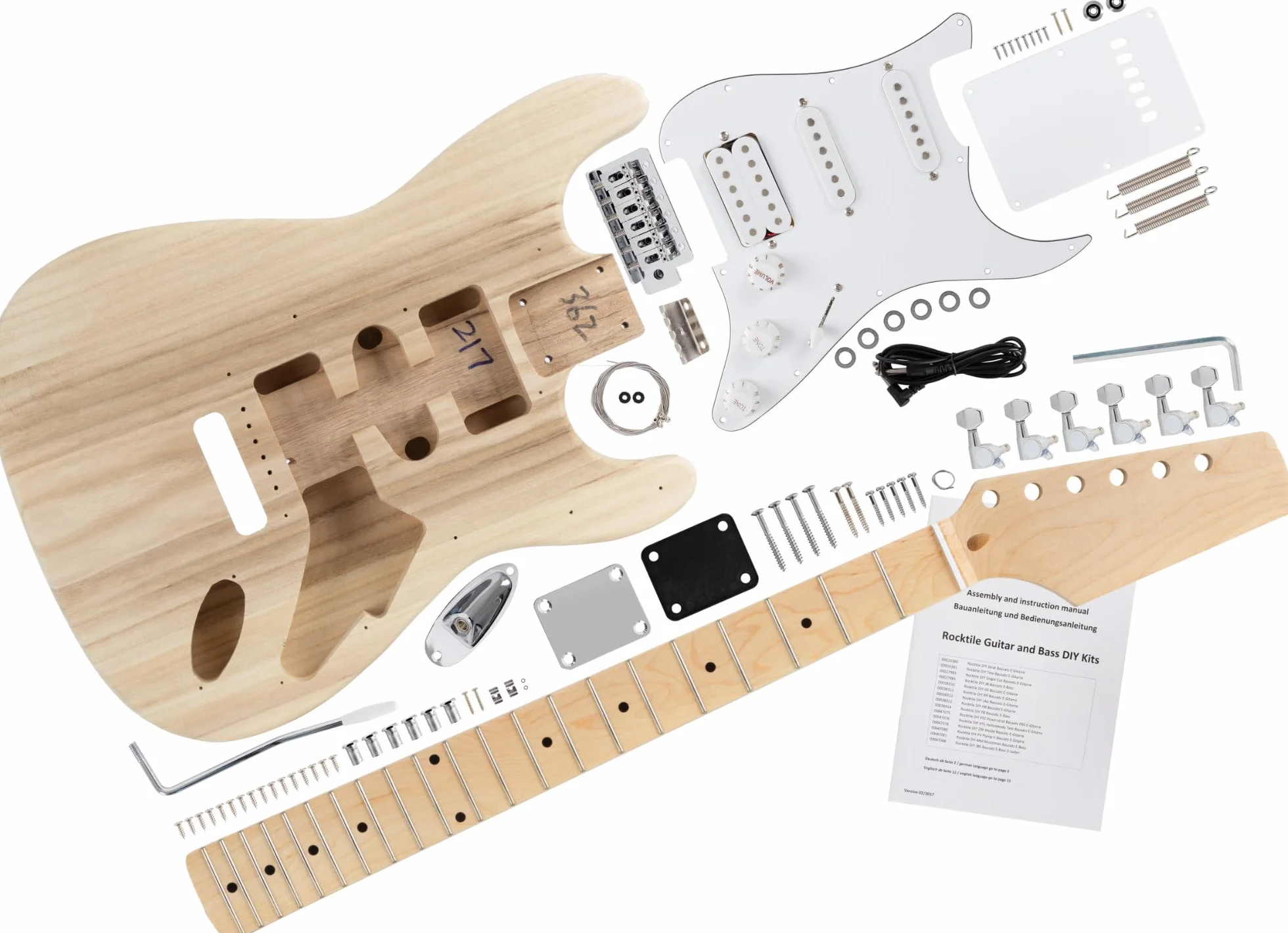 Kit Rocktile guitarra eléctrica estilo PST DIY — cuerpo de paulownia, mástil y diapasón de arce, 3 single-coil, sistema tremolo y herrajes incluidos — natural — kit completo para montar y ajustar y m