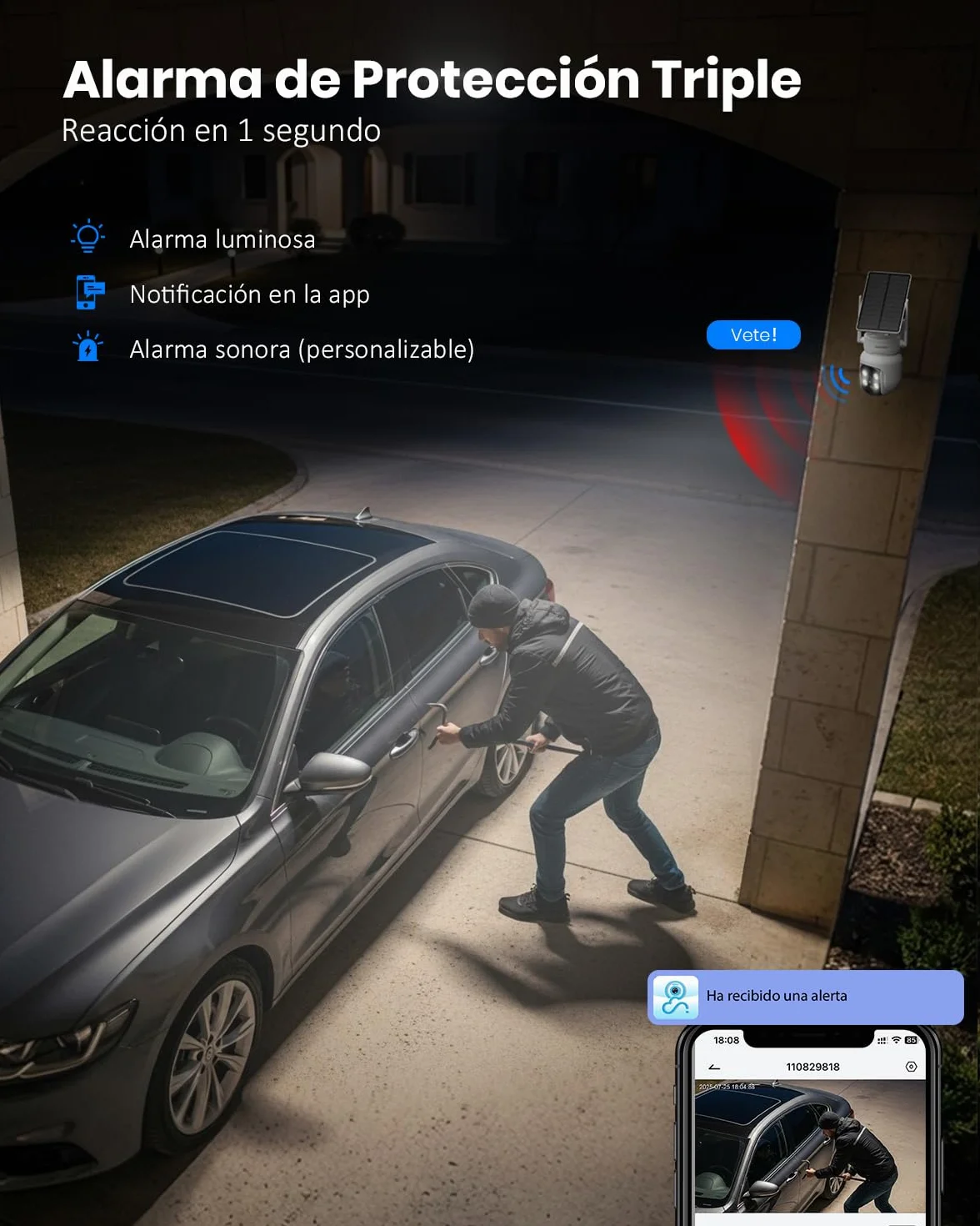 Camara Vigilancia WiFi Exterior Solar 2 en 1, 4MP/2.5K Camara sin Cables, 360° Cobertura, Fácil Instalación, 2.4/5 GHz WiFi, Visión Nocturna en Color, PIR, SD/Nube