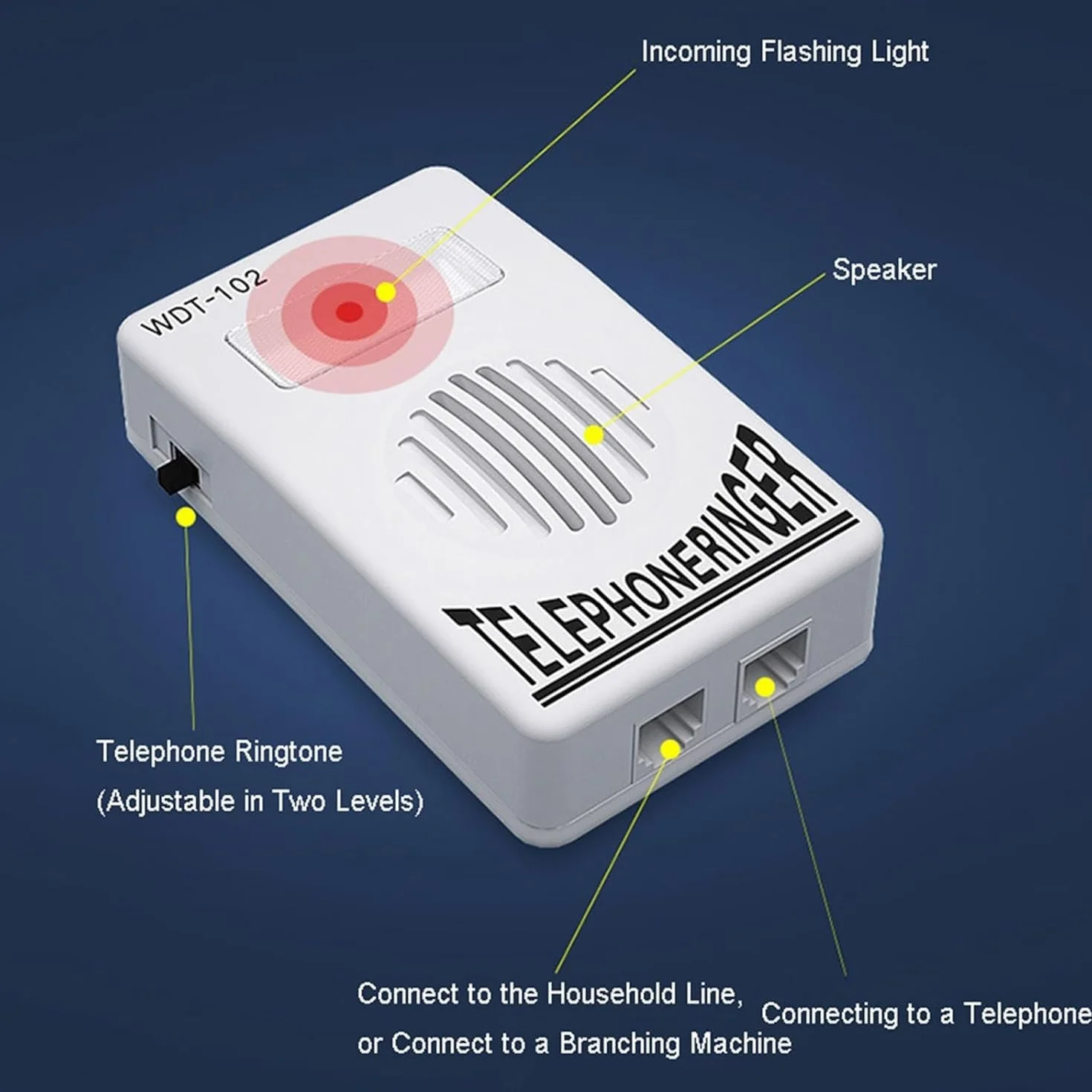 TECHZOCO Timbre con luz intermitente para teléfono fijo, amplificador sonido, 95dB, RJ11, Blanco