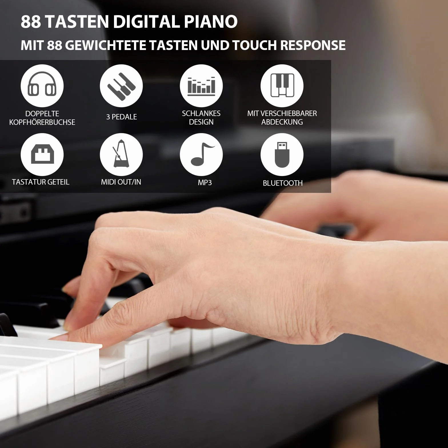 MUSTAR Piano electrónico de 88 teclas con taburete de piano, piano digital, piano eléctrico con soporte para piano, 3 adaptadores de pedales, 2 conectores para auriculares, pantalla LCD, USB/MIDI