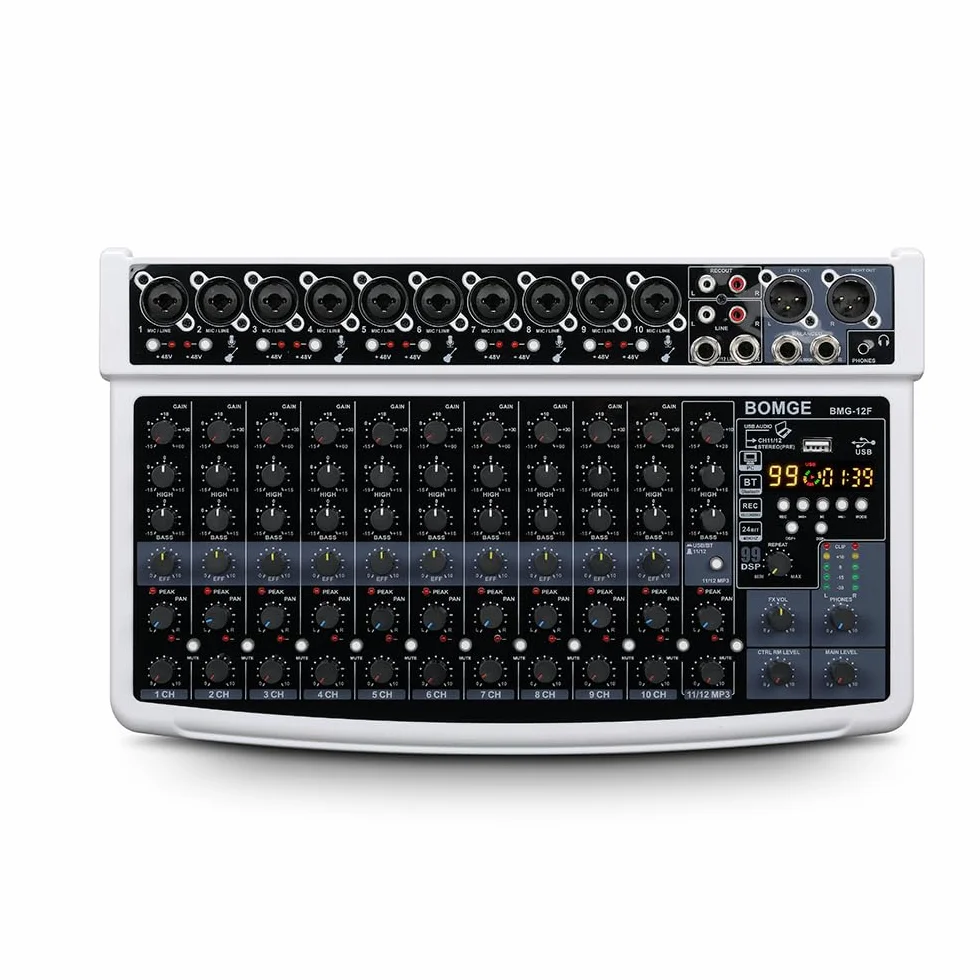 BOMGE Mezclador de audio profesional, 12 canales, Bluetooth, USB, alimentación de 48 V, entradas XLR/RCA, efectos DSP