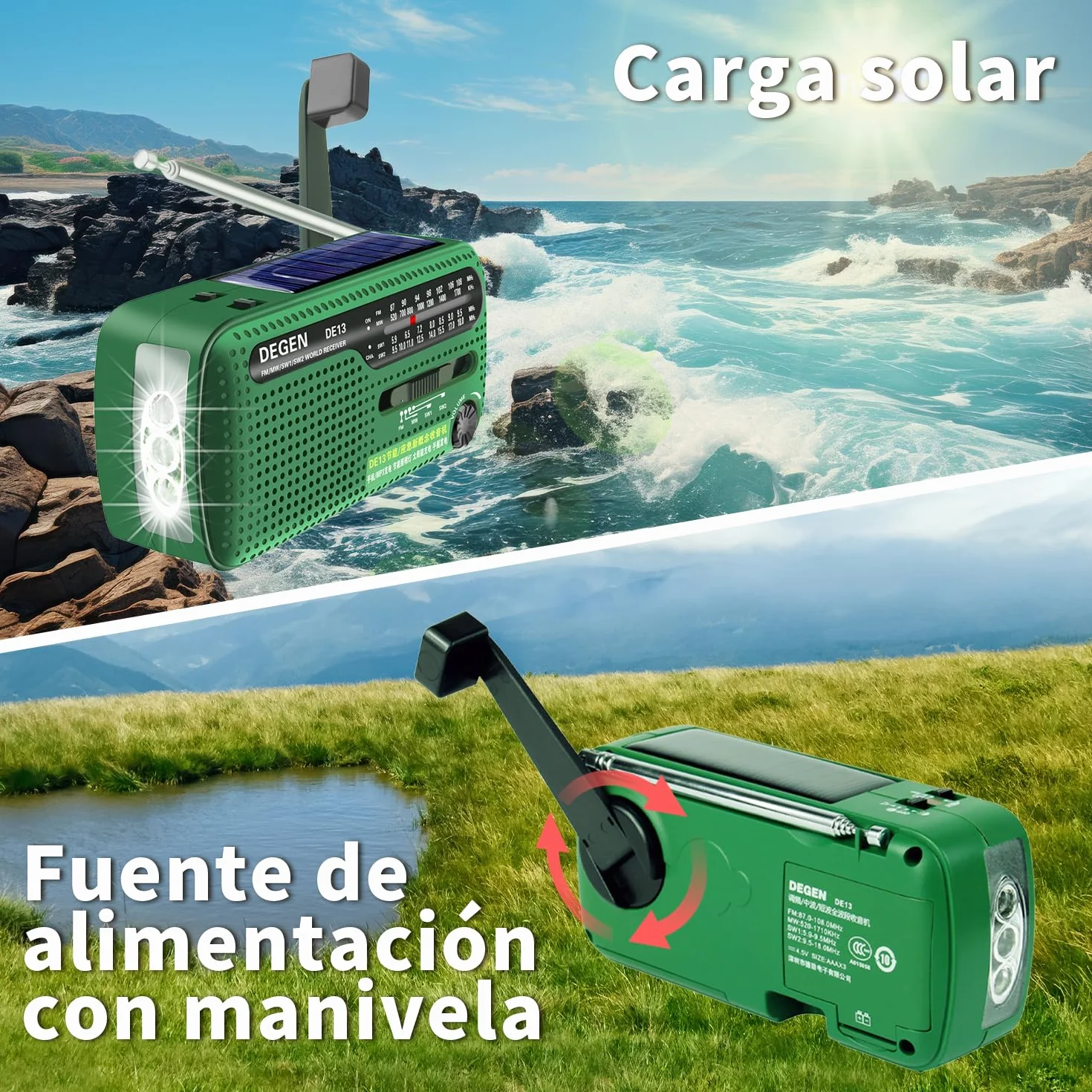 DE13 Radio a Pilas Solar de Emergencia con Manivel, Radio Portátil Pequeña FM Am SW Energía Solar, Manivela de Dinamo Manual Linterna Lámpara de Campamento for Apagón