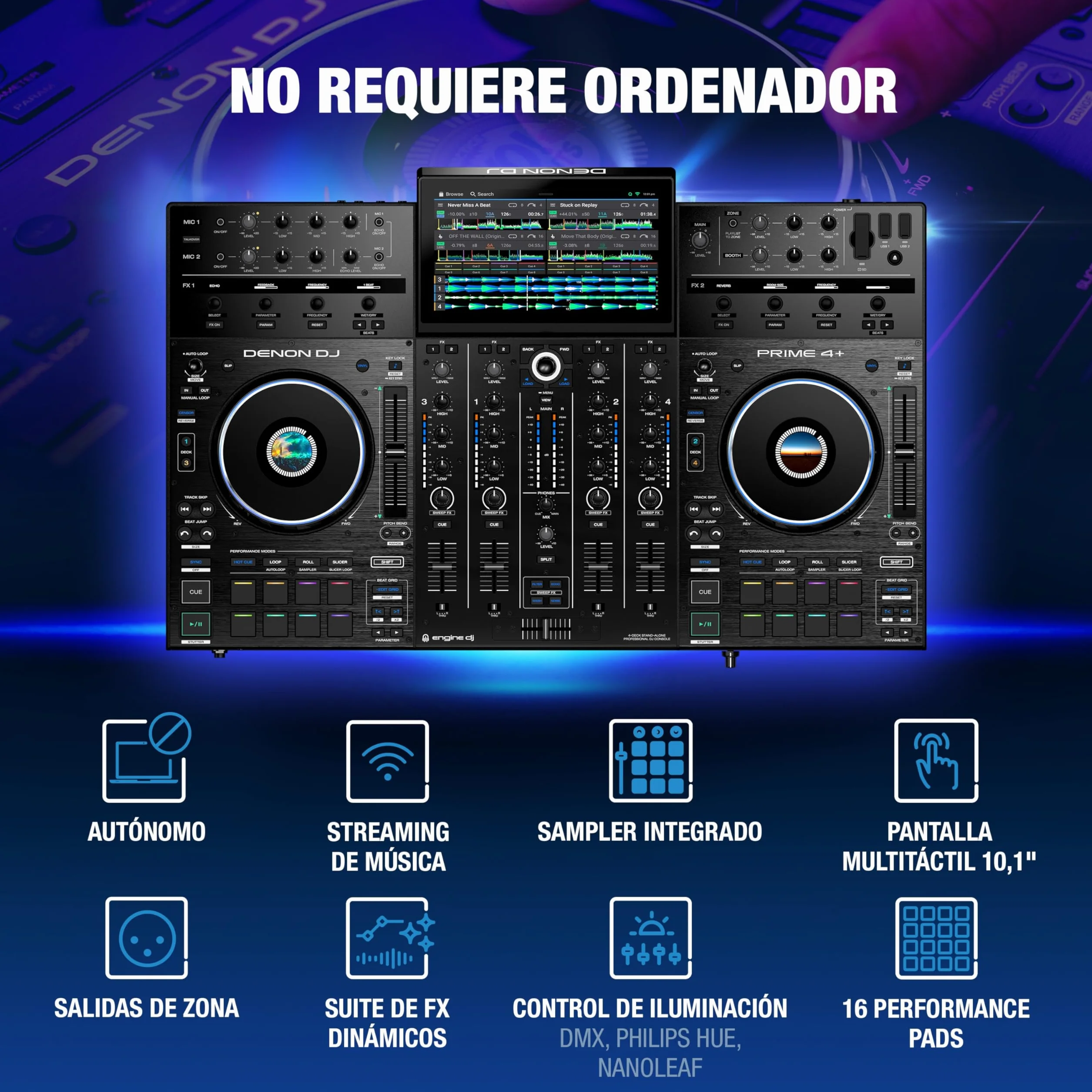 Denon DJ PRIME 4+ Controlador DJ Autónomo con Separación de Stems en 4 Decks, Streaming por WIFI, Mezclador, Pantalla Táctil 10.1-Pugadas, Control de Luces, Negro