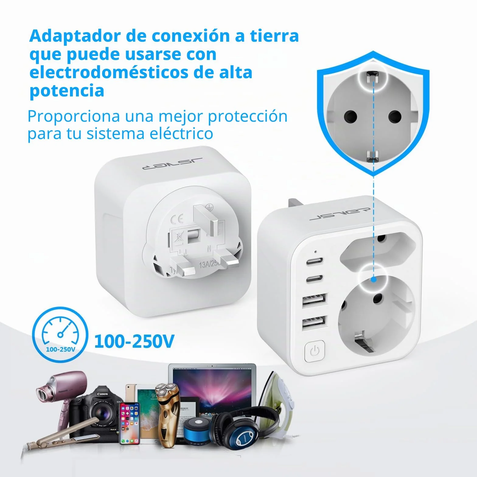 JSVER Adaptador Enchufe UK Tipo G con 2 USB A y 2 C para Viaje EU a UK Irlanda Malasia Singapur Hong Kong Macao