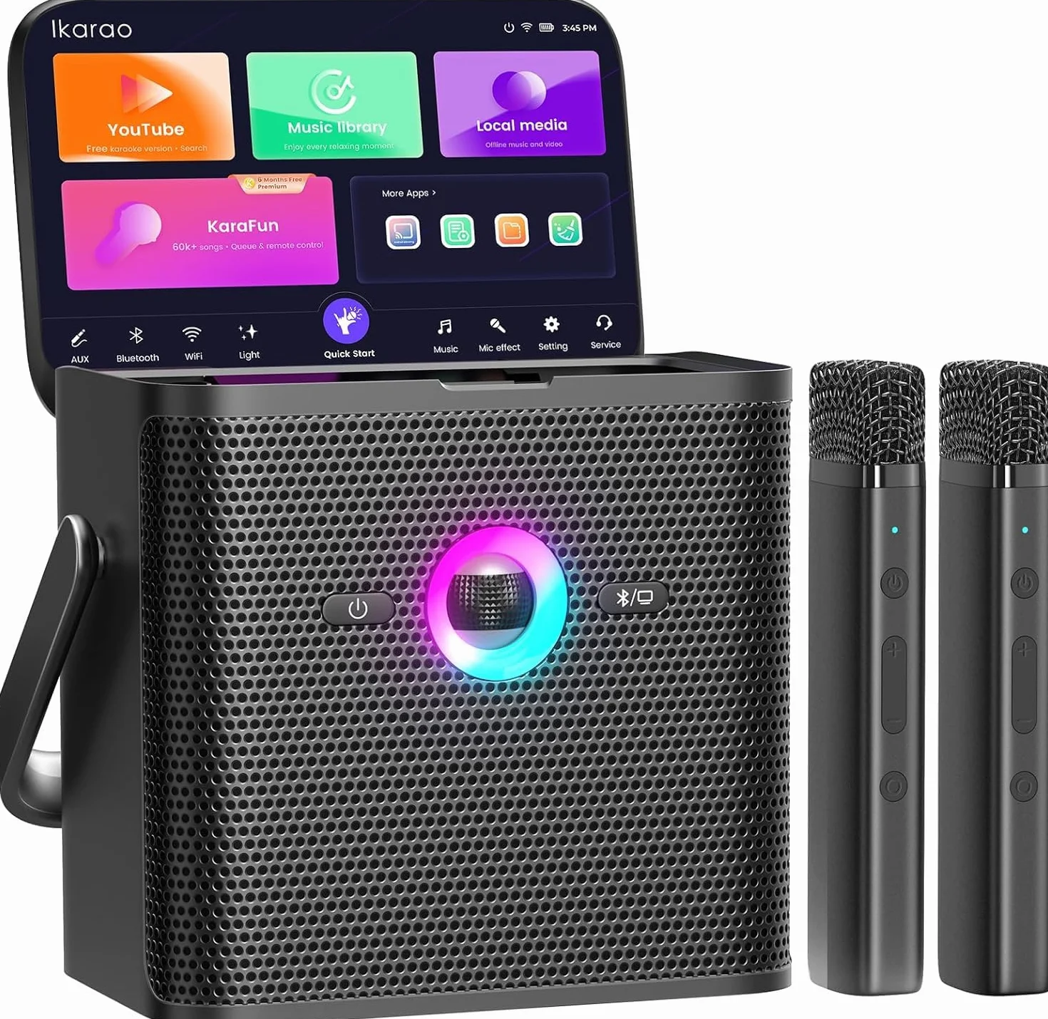 Máquina de karaoke Ikarao para adultos y niños, con pantalla de visualización de letras, conexión WiFi a YouTube y aplicación de karaoke, 2 micrófonos inalámbricos EQ Autotune, sistema PA de karaoke