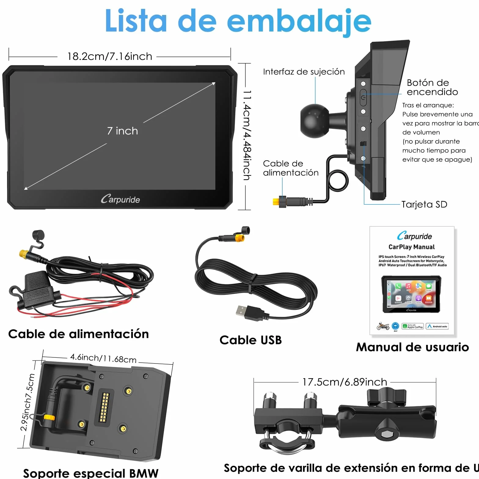 Carpuride W702B - Pantalla GPS Carplay para Motocicleta con Soporte Personalizado para BMW Motorbike, Inalámbrico CarPlay y Android Auto, Portátil 7 Pulgadas Impermeable Táctil Pantalla, Bluetooth
