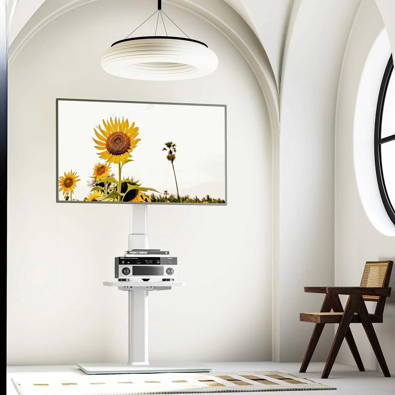 Soporte de TV universal para piso con montaje, giro de 70 grados, 9 niveles de altura ajustable y diseño que ahorra espacio para la mayoría de televisores LCD, LED, OLED de 27 a 65 pulgadas, blanco