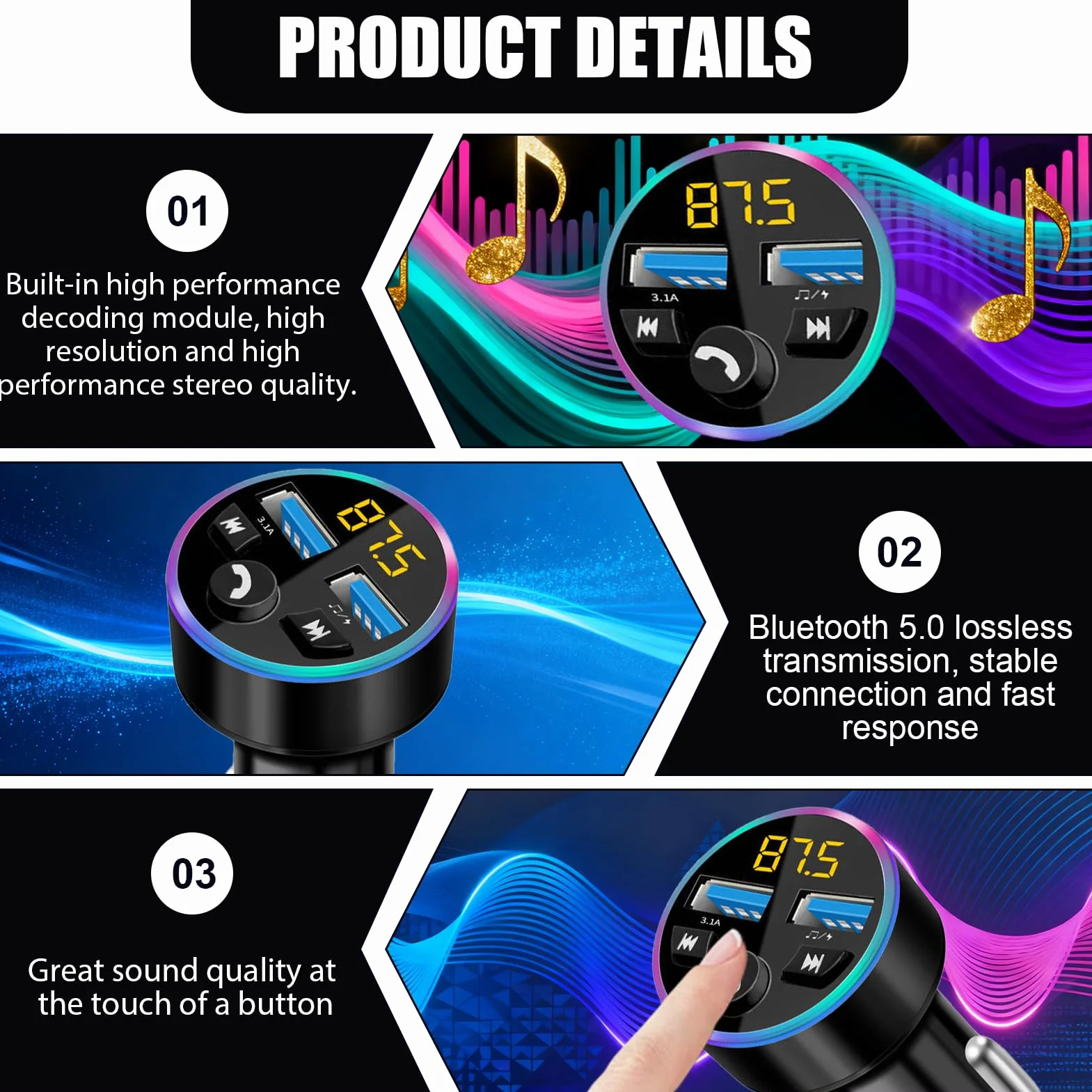 Bluetooth Coche, Transmisor FM para Coche, Adaptador Bluetooth 5.0 para Coche, Adaptador de Audio MP3, Carga Rápida Transmisor FM Bluetoot Coche Manos, con Cargador Dual USB para Teléfono Móvil