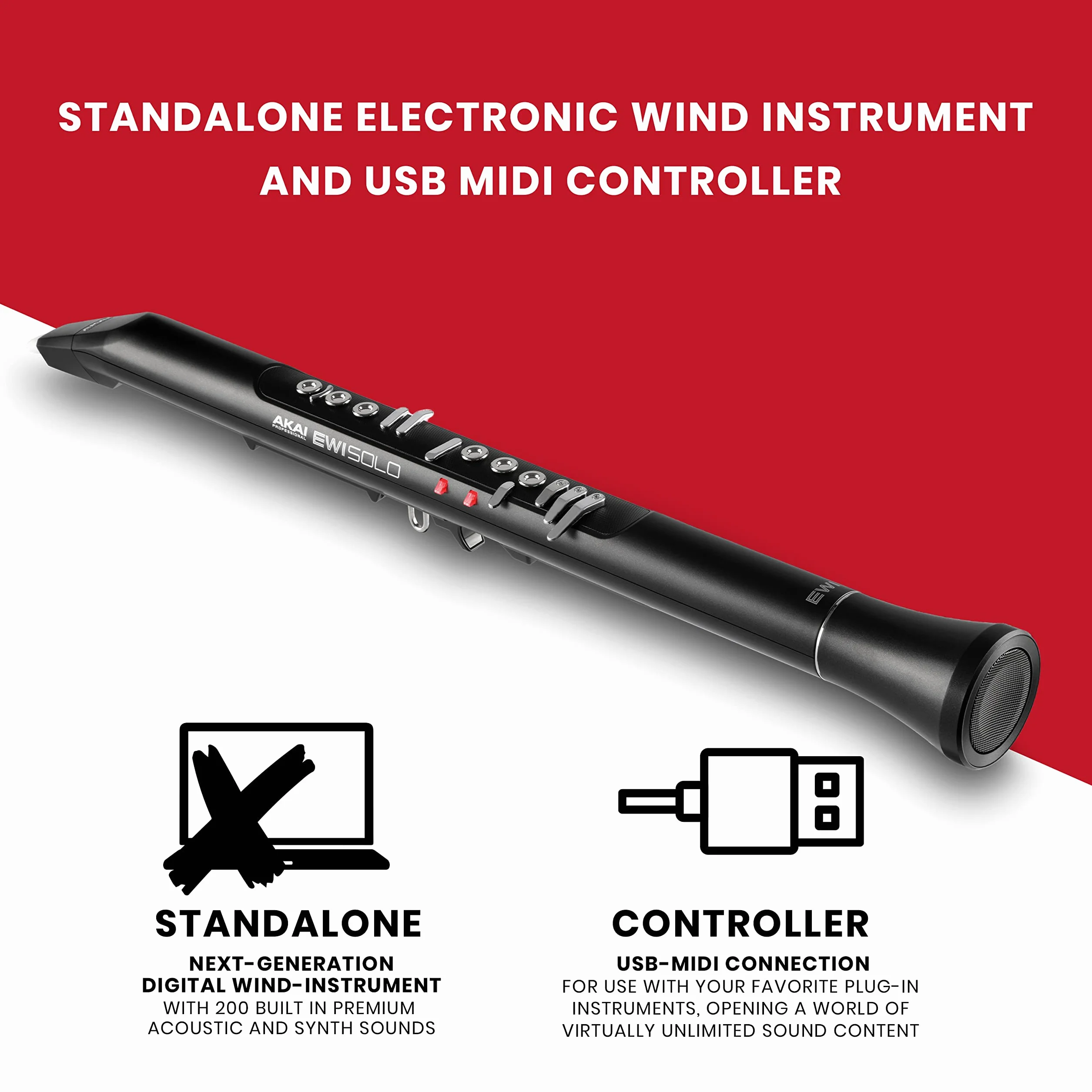 Akai Professional EWI Solo - Instrumento Electrónico de Viento con Altavoz Incorporado, Batería Recargable, 200 Sonidos y Conectividad MIDI USB