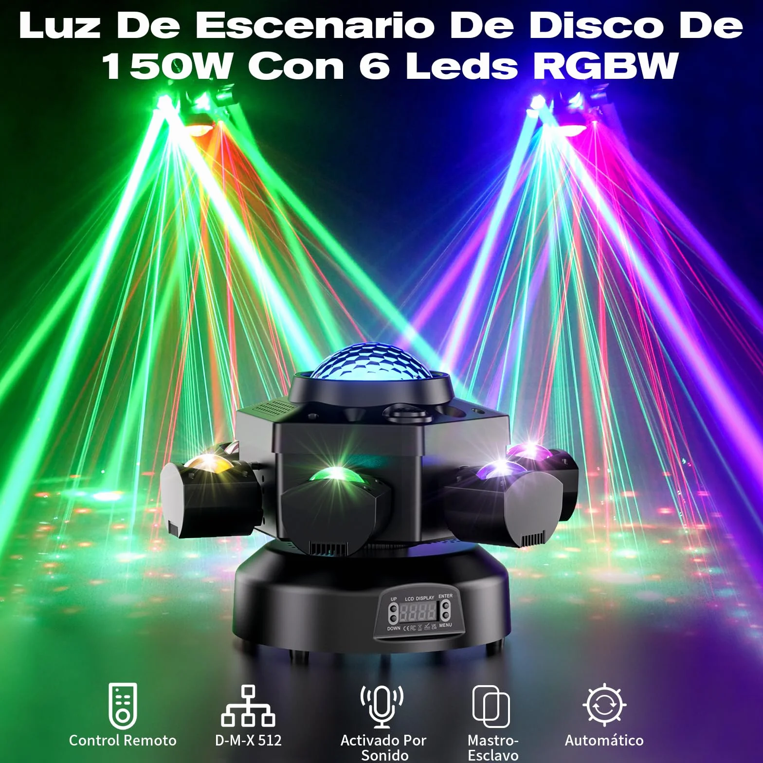 150W Cabeza Móvil LED con Bola Luces Discoteca RGBW Beam Moving Head 6 brazos luminosos con control remoto para Fiesta DJ Bar Cumpleaños Familia