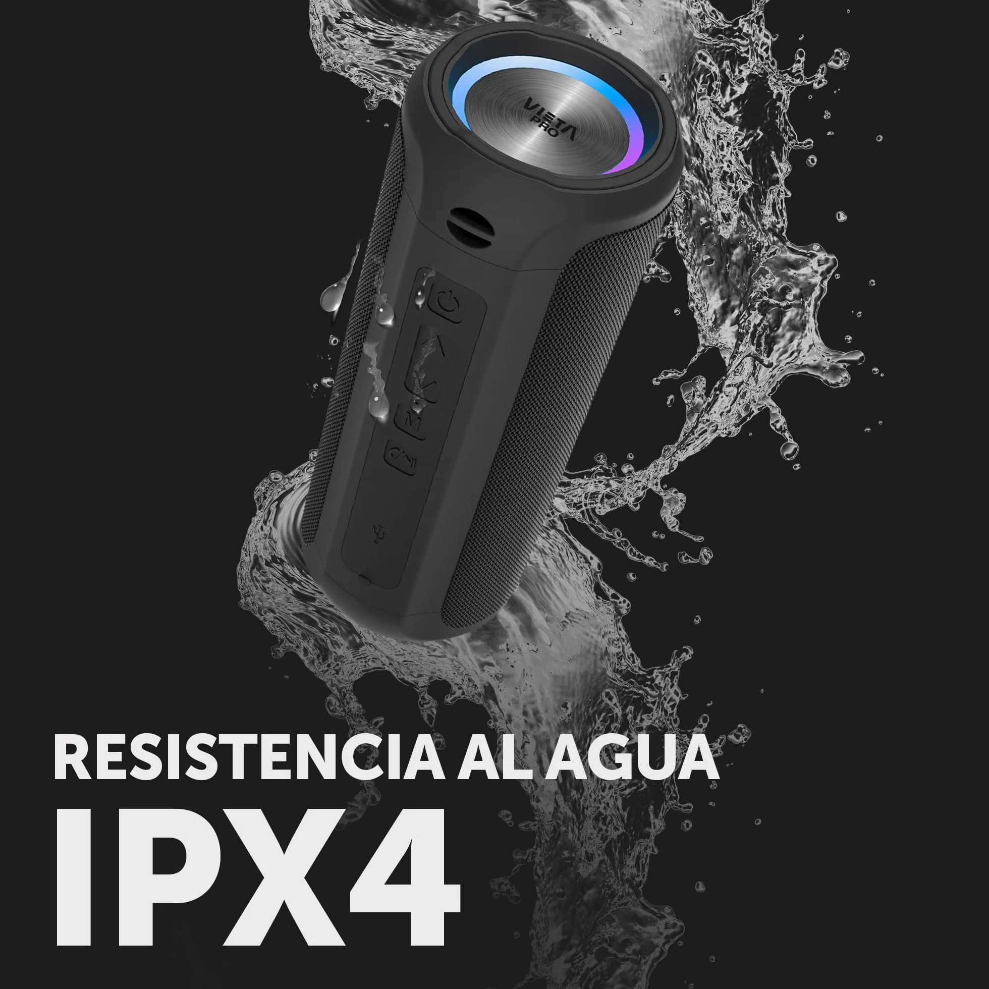 Vieta Pro Altavoz portátil Bluetooth Solaris BT - Sonido Potente de 15W, Radio FM, Resistente al Agua IPX4, Entrada AUX y USB, Micrófono con Manos Libres y Reproductor USB Player