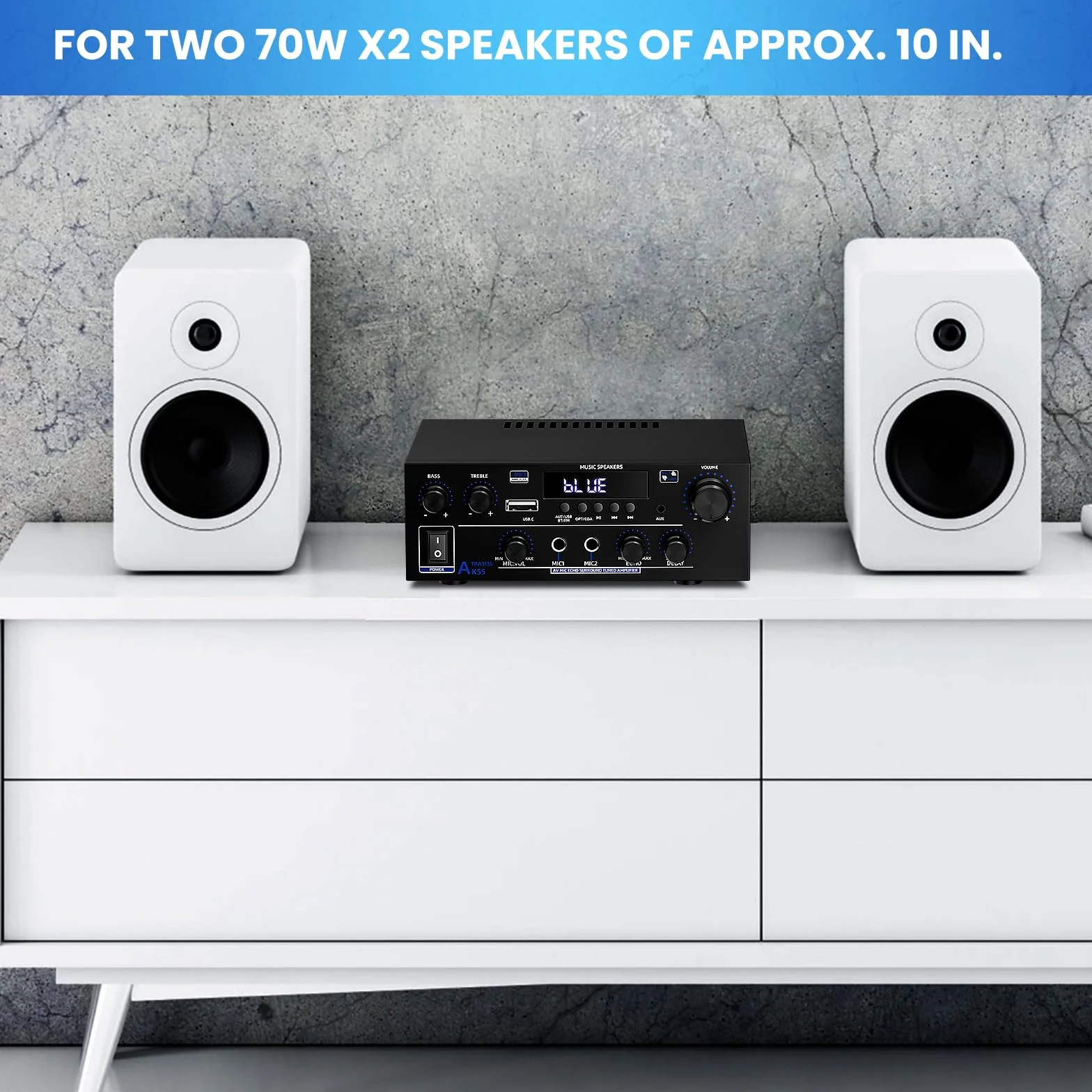 2 Canales Amplificador, 1000W Audio Estéreo, Bluetooth 5.3 Mini Hi-Fi Amp, para Dos 50W x2 Altavoces de Unas 8 Pulgadas, Bass/Treble/AUX/FM/MIC/USB, para TV, para el hogar o tu Coche (AK55)