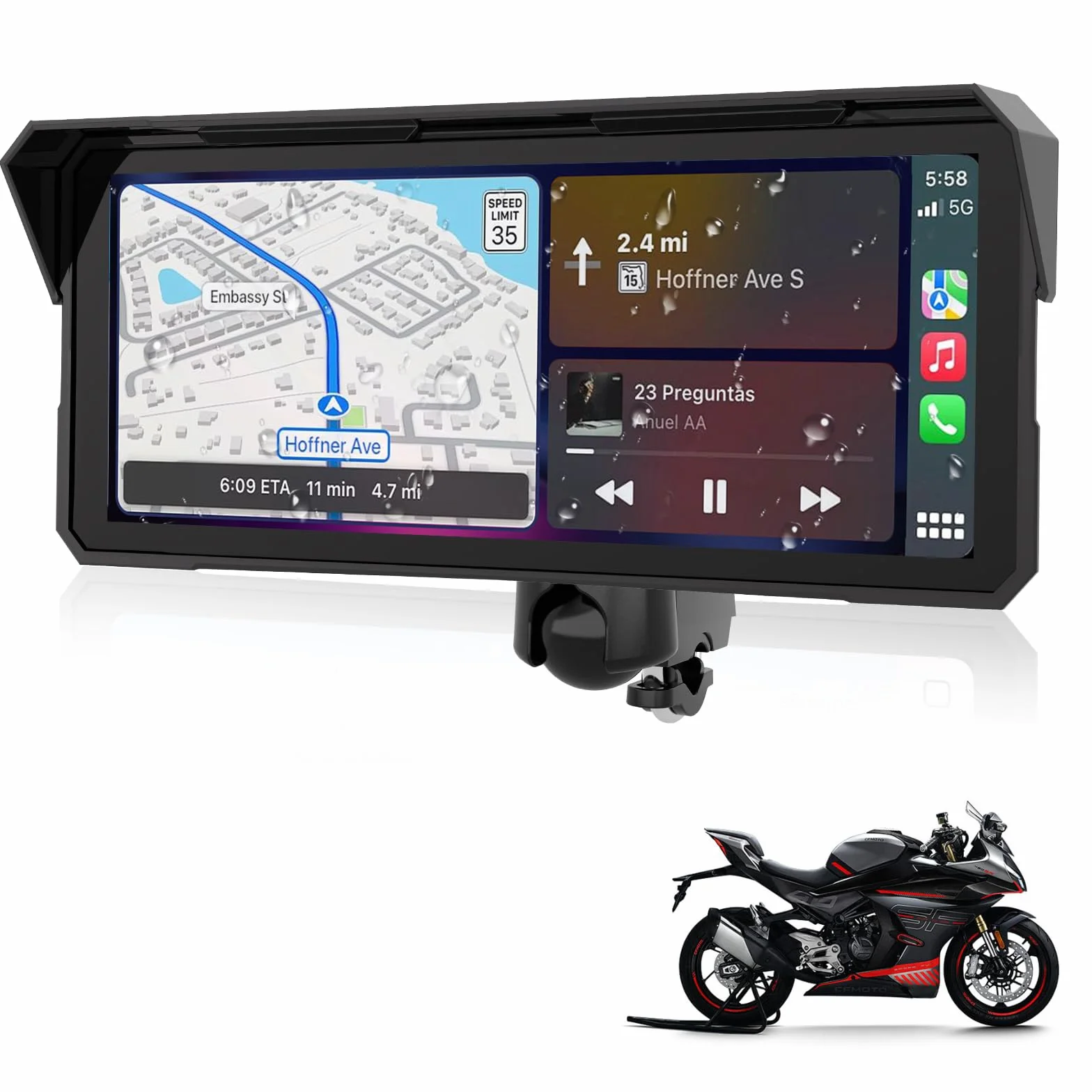 8,1 Pulgadas Pantalla Carplay Moto Android Auto Moto, Pantalla Táctil Resistente al Agua IP67 Navegación GPS para Motocicletas Audio Bluetooth Siri y Asistente de Google