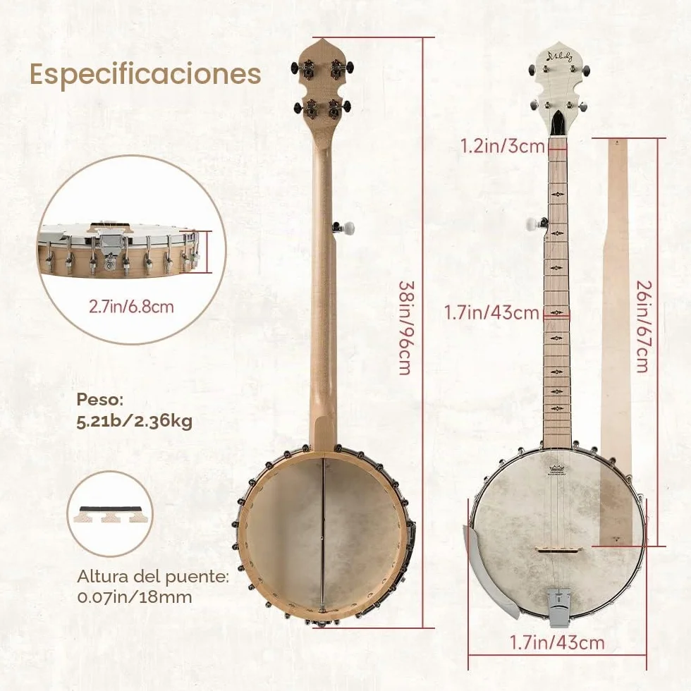 Banjo de 5 cuerdas, tamaño completo Mulucky con 24 soportes, parte posterior abierta, banjos de arce con kit para principiantes - MB1101