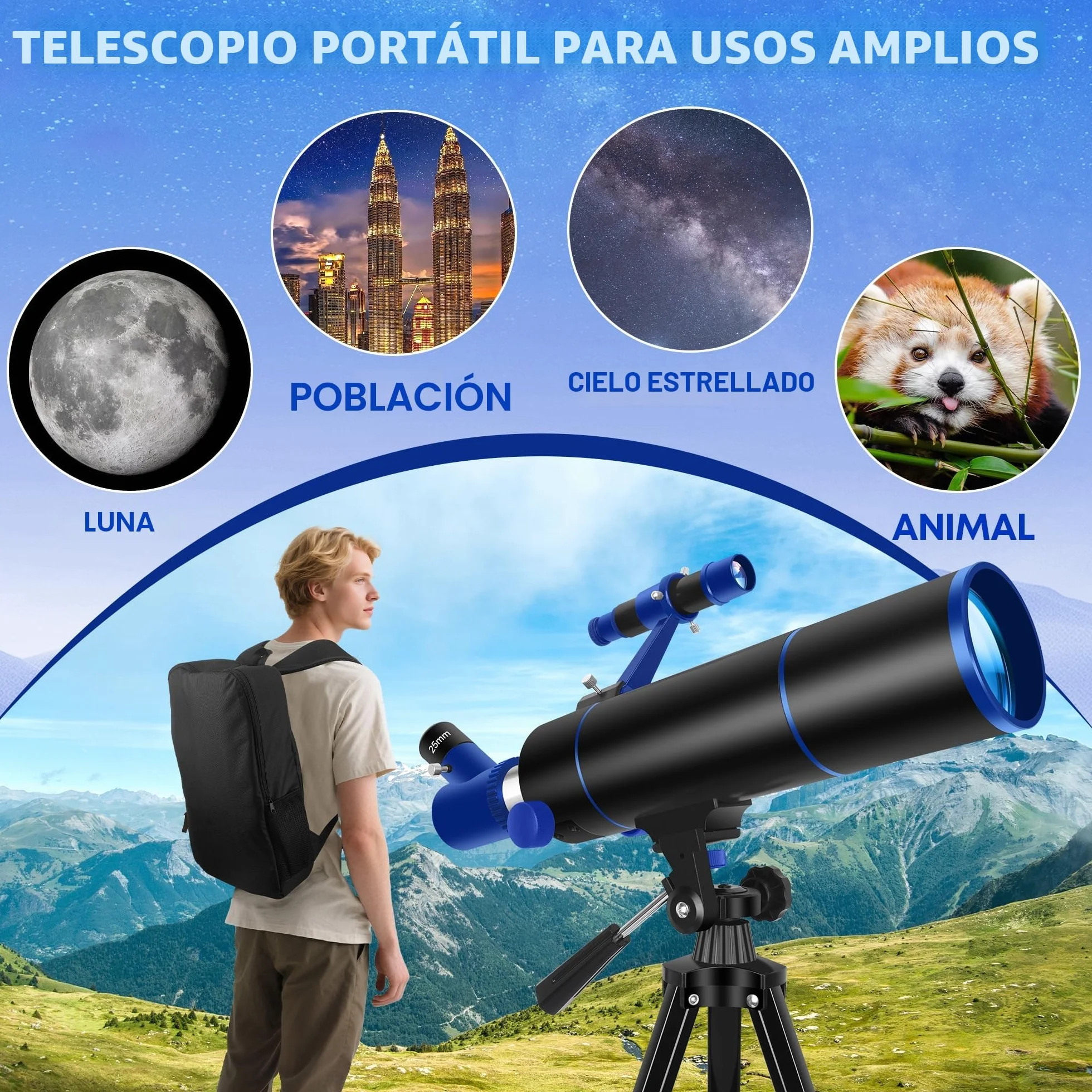 Dianfan Telescopio, 80 mm Apertura Telescopio Astronómico Adultos, Portátil Telescopios para Niños Y Principiantes,Óptica Multirrevestida, con Adaptador para Teléfono, Mochila Y Pegatinas