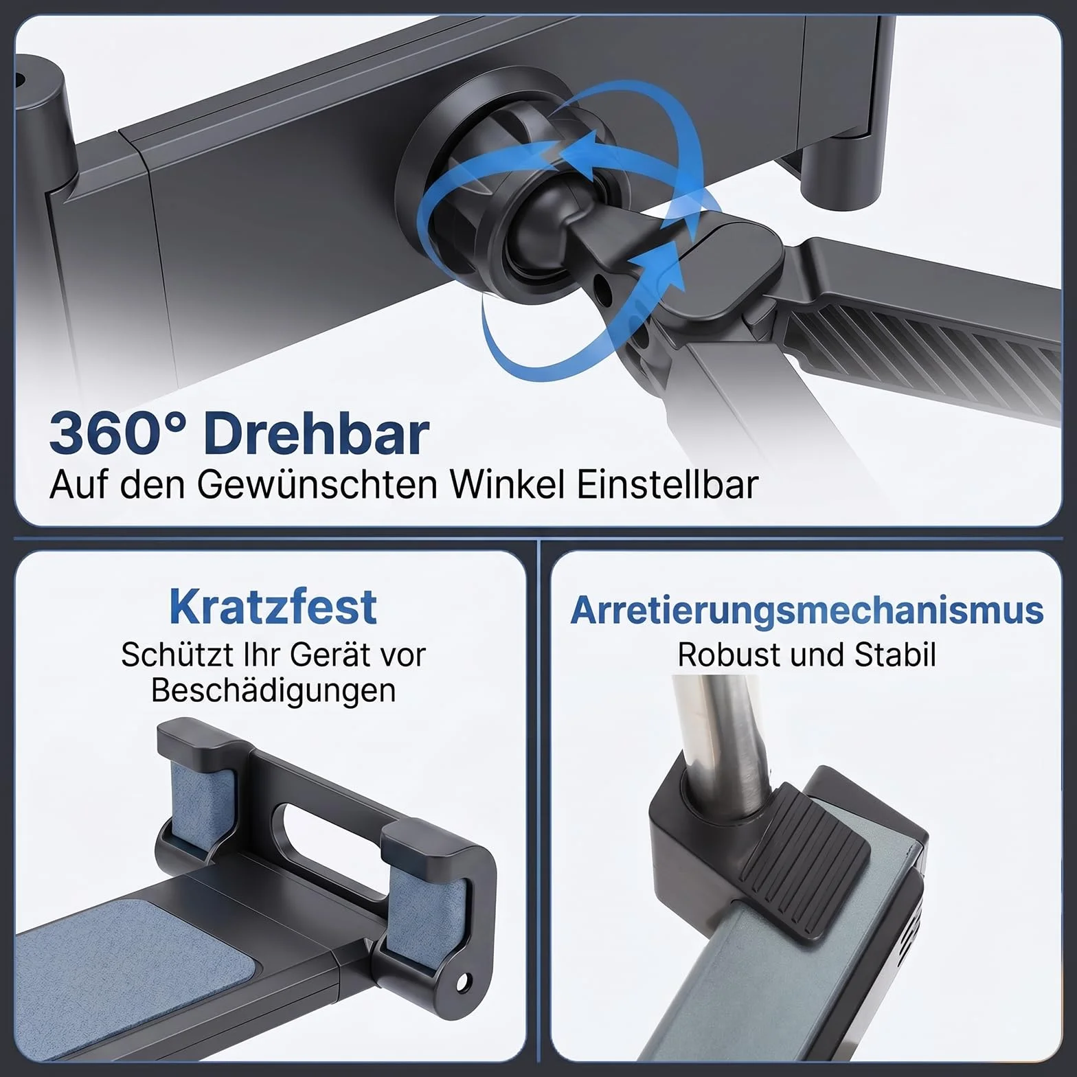 Soporte para tablet de coche, soporte para reposacabezas de coche, soporte estable para smartphone, tablet de 4,4 a 14 pulgadas, giratorio 360°, seguro, sin obstrucciones visuales, para el