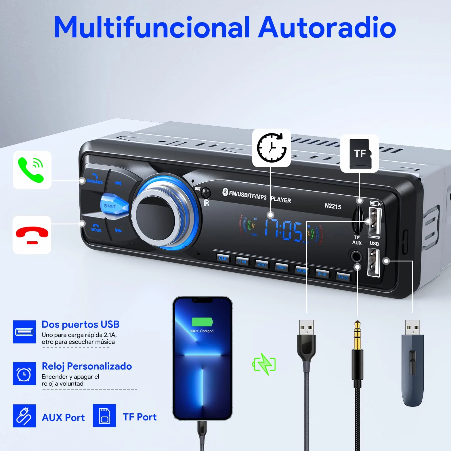 Radio Coche Bluetooth 5.0 Manos Libres, Chismos Autoradio Coche Bluetooth Pantalla1 DIN FM Radio soporta MP3/AUX/2USB/Control Remoto/Carga Rápida (Sin RDS/CD/DVD)