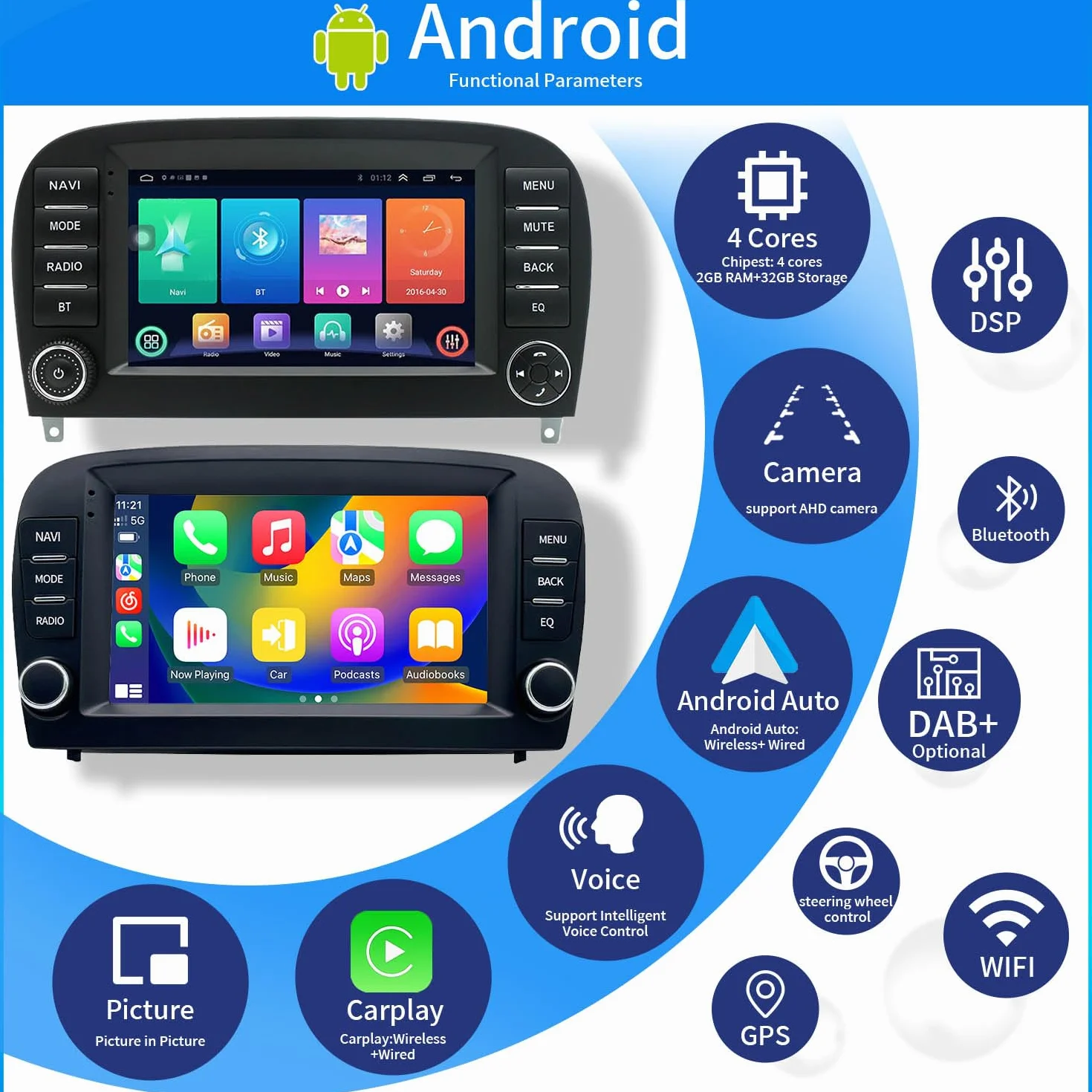 Navi 7 pulgadas pantalla Android Auto Radio con CarPlay & Android Auto, Wi-Fi, Bluetooth, RDS FM/AM, cámara de visión trasera para Mercedes-Benz SL R230 SL 55AMG SL63AMG SL65AMG SL280 SL300 SL350