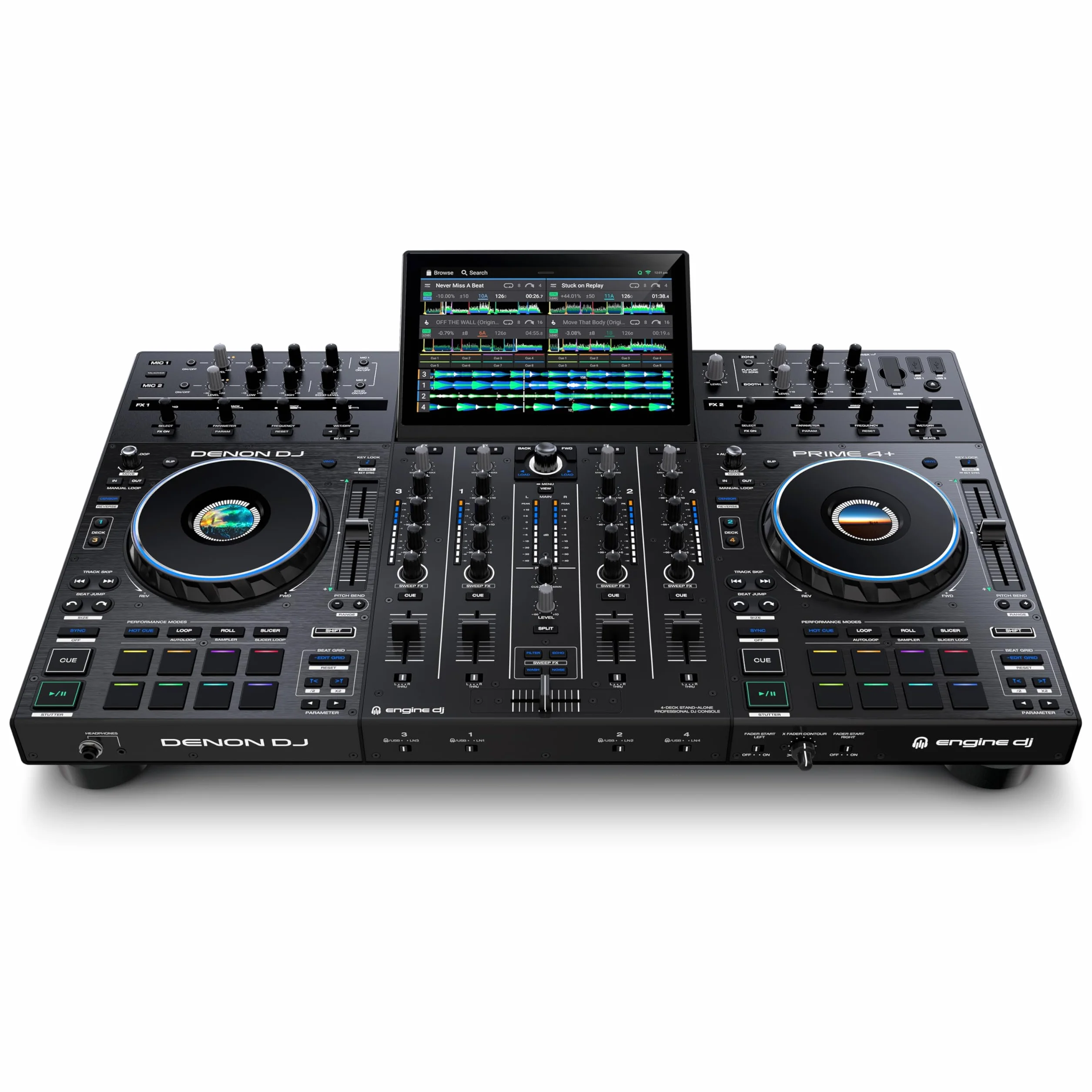 Denon DJ PRIME 4+ Controlador DJ Autónomo con Separación de Stems en 4 Decks, Streaming por WIFI, Mezclador, Pantalla Táctil 10.1-Pugadas, Control de Luces, Negro