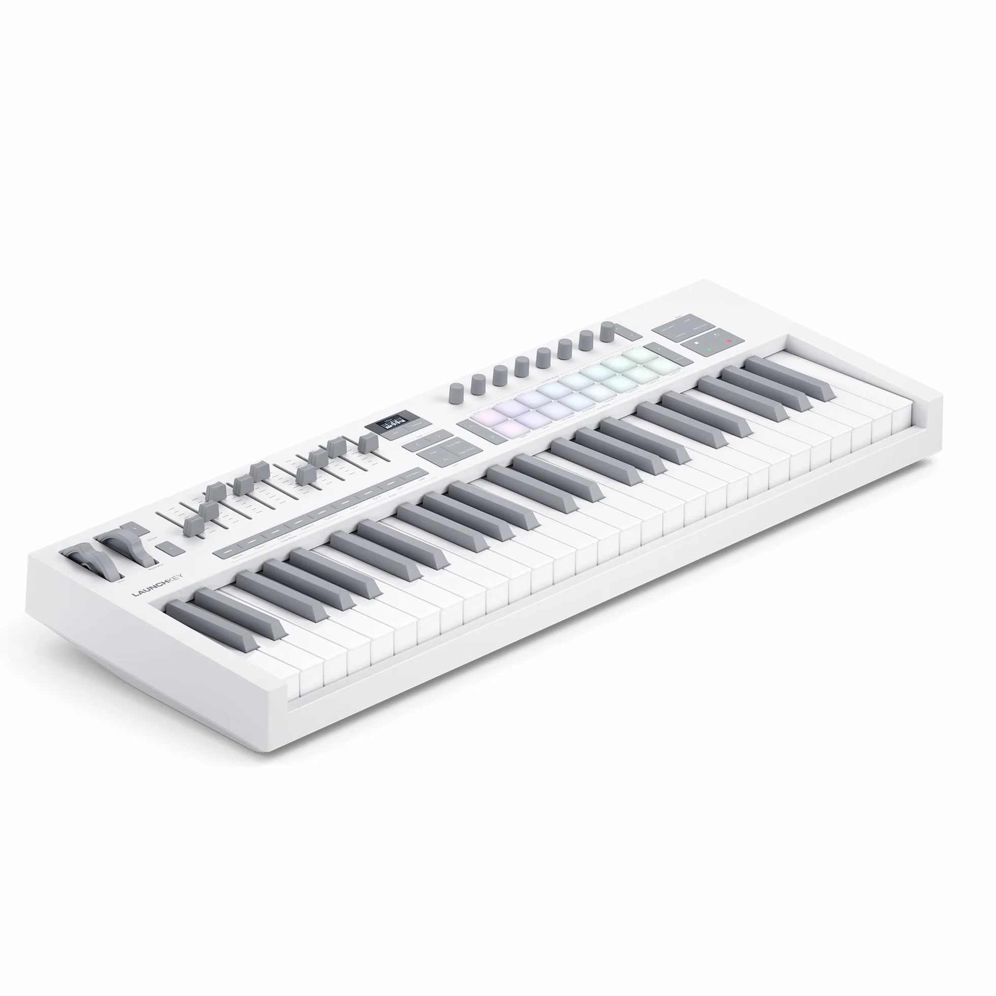 Novation Launchkey 49 Blanco [MK4]: Controlador de teclado MIDI, 49 teclas, semicontrapesado, USB, integración DAW. Modos Chord/Scale, 8 pads de percusión, arpegiador, paquete de software musical