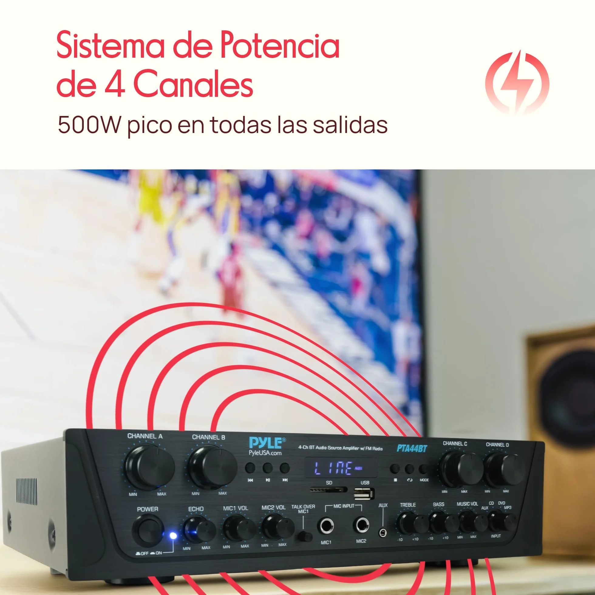 Pyle Amplificador de Audio, Inalambrico, Bluetooth, Estereo, 4 Canales, Entrada de microfono, AUX, Salida del Altavoz del subwoofer RCA, USB, Potencia Maxima de 500W a 4-8 ohmios