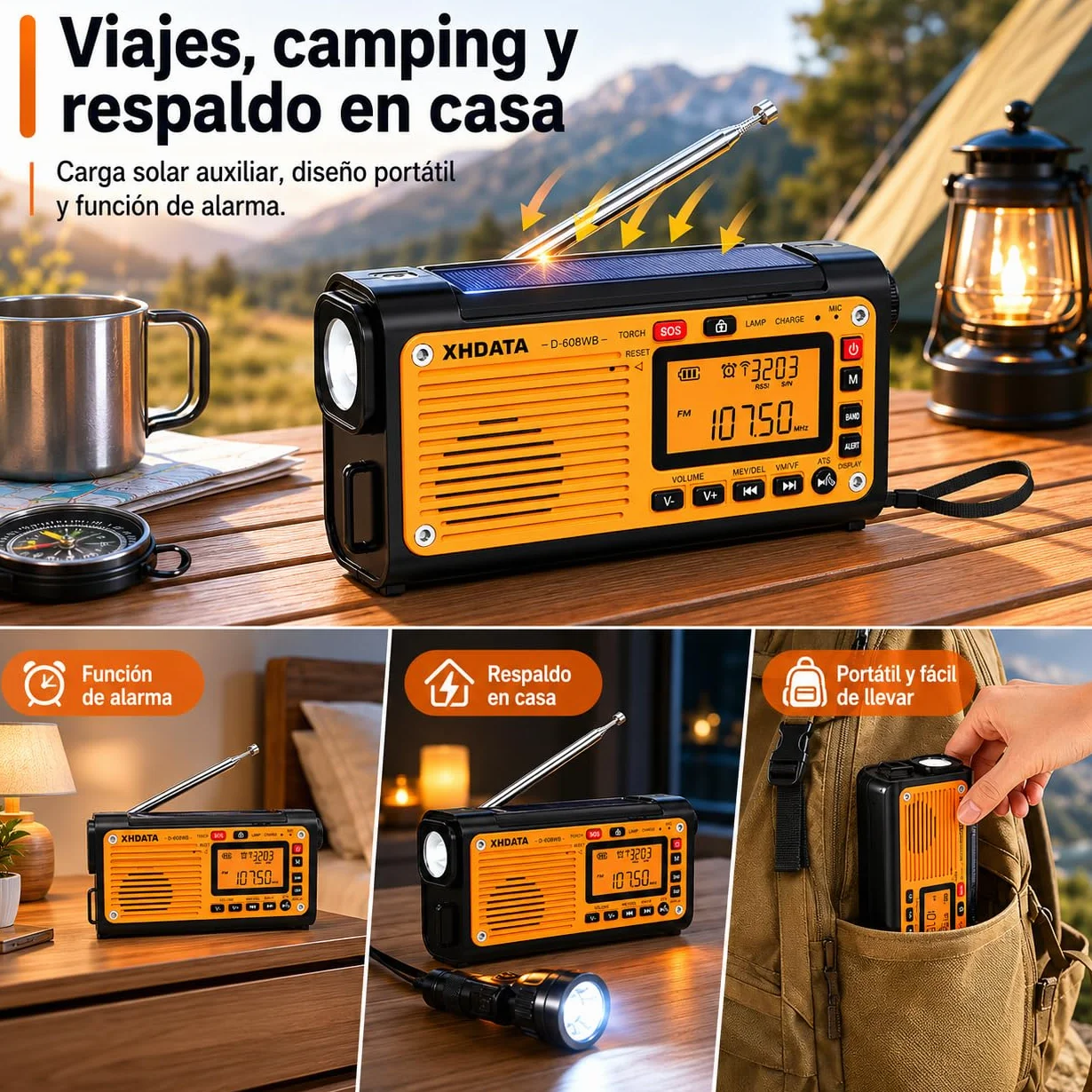 XHDATA D608WB Radio de Emergencia Portátil FM/AM/SW Manivela Solar 3000mAh con Alarma SOS y Bluetooth