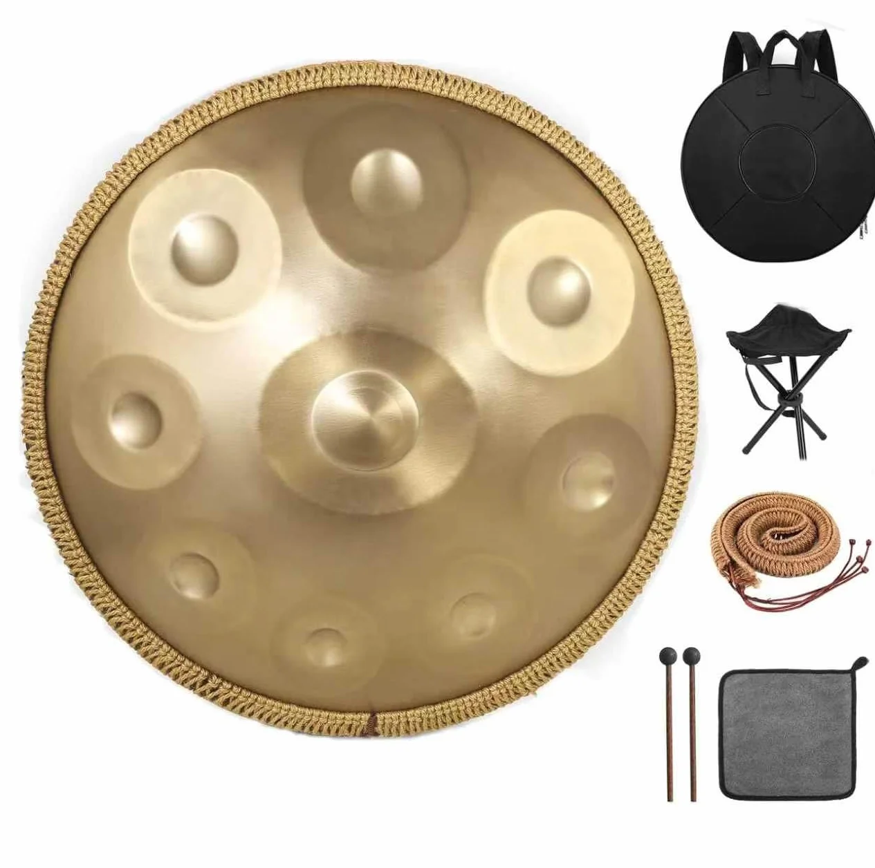 onlyfly Handpan - Tambor de mano (9 notas, 432 Hz, D-menor, 22 pulgadas, incluye set de regalo), color bronce