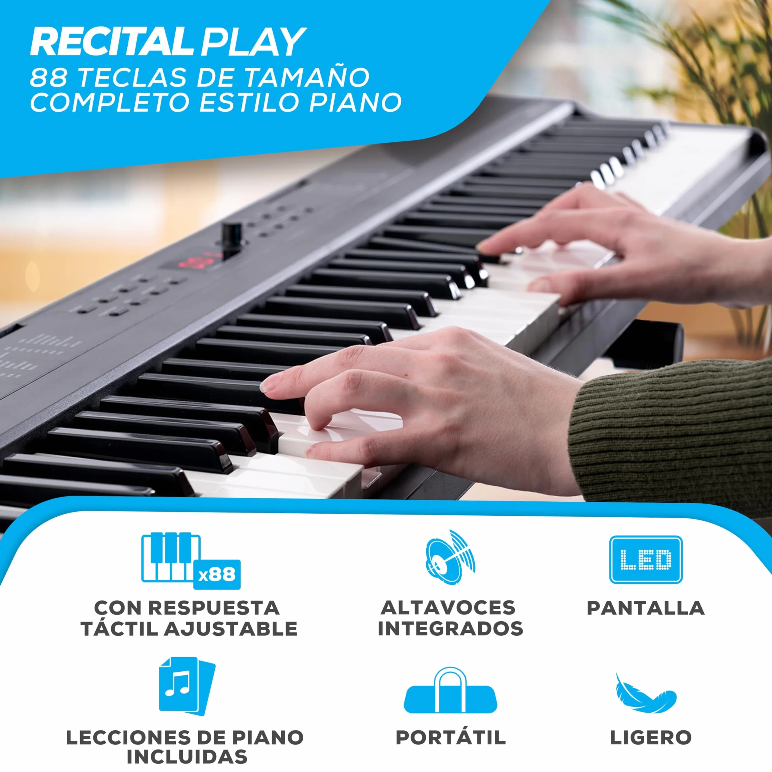 Alesis Teclado Piano con 88 Teclas y 480 Sonidos, Altavoces, MIDI USB, Estuche, Soporte, Auriculares, Pedal y Lecciones de Piano Incluidas