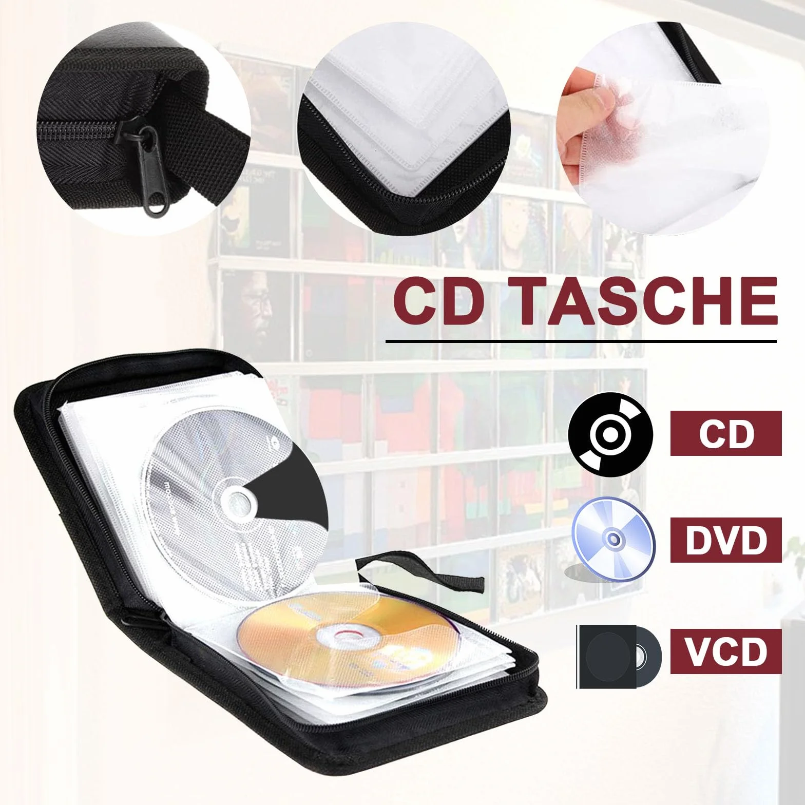 Bolsa de CD Svupue, Bolsa de Almacenamiento de Discos CD DVD para 40 Discos, Bolsa de Almacenamiento de CD para el Coche y el Hogar, Rojo