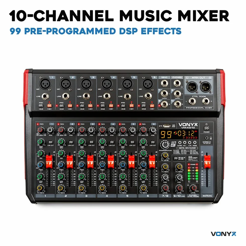 Vonyx VM-KG10 Mesa mezcladora de música de 10 canales con interfaz de audio USB, Bluetooth y efectos DSP integrados