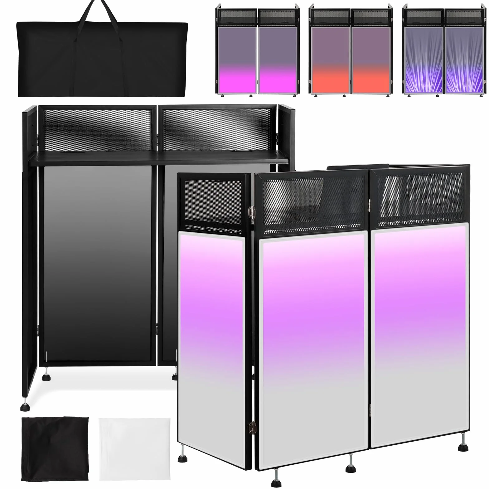 Kokorona Cabina de DJ Portátil 108 x 51 x 115 cm, Cabina de Fachada de DJ con Pantallas Negras y Blancas, Cabina de DJ Plegable Ajustable para Fiestas, Estación de Mesa de Fachada de DJ con Orificio