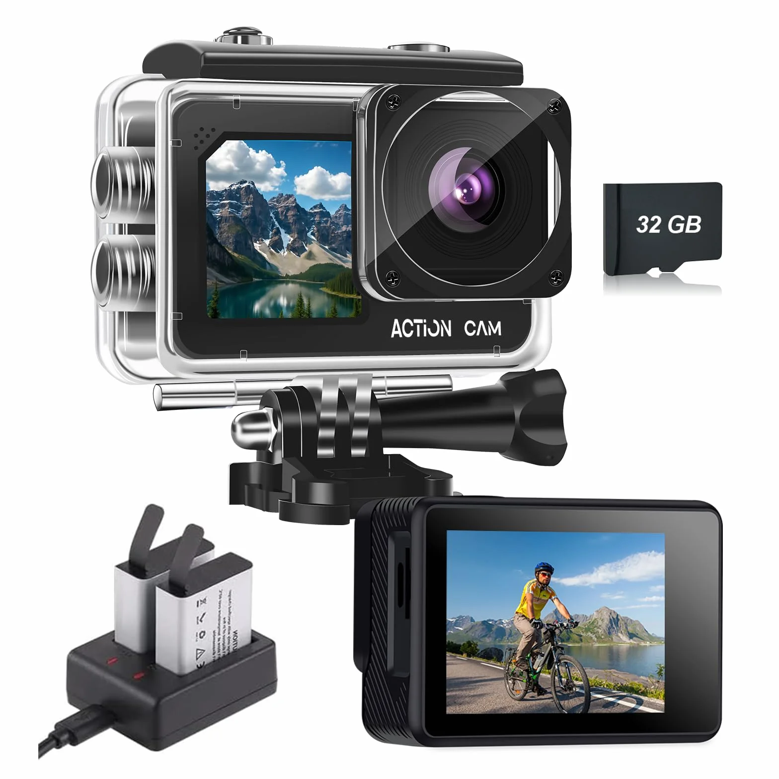 Camara Acuatica FHD 1080P, Cámara Subacuática Resistente al Agua hasta 40 m, Cámara Deportiva de Doble Pantalla con 2 baterías Recargables de 1050 mAh y Juego de Accesorios