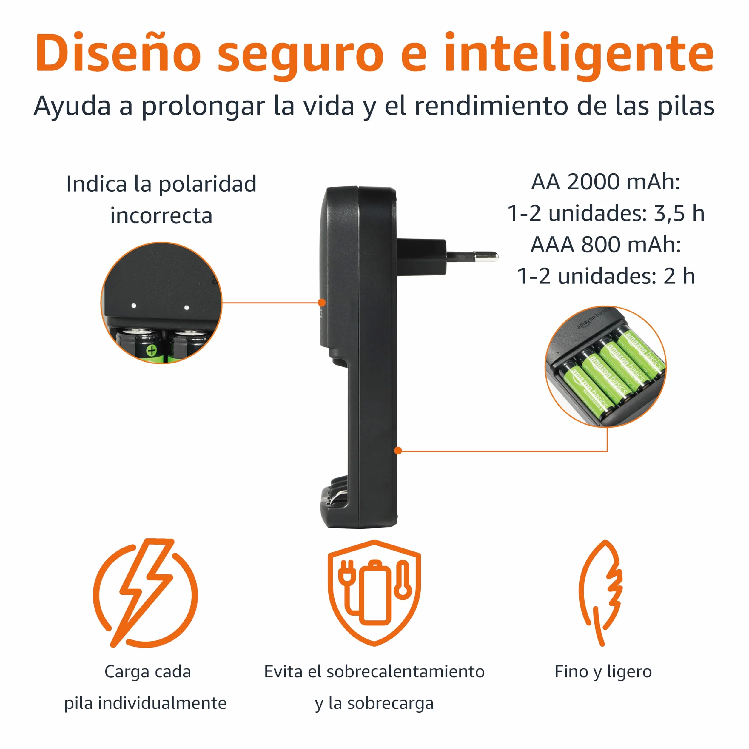 Amazon Basics Pilas Recargables NiMH 4 Ranuras Cargador 8 Paquete AAA AA 800mAh 2000mAh Negro