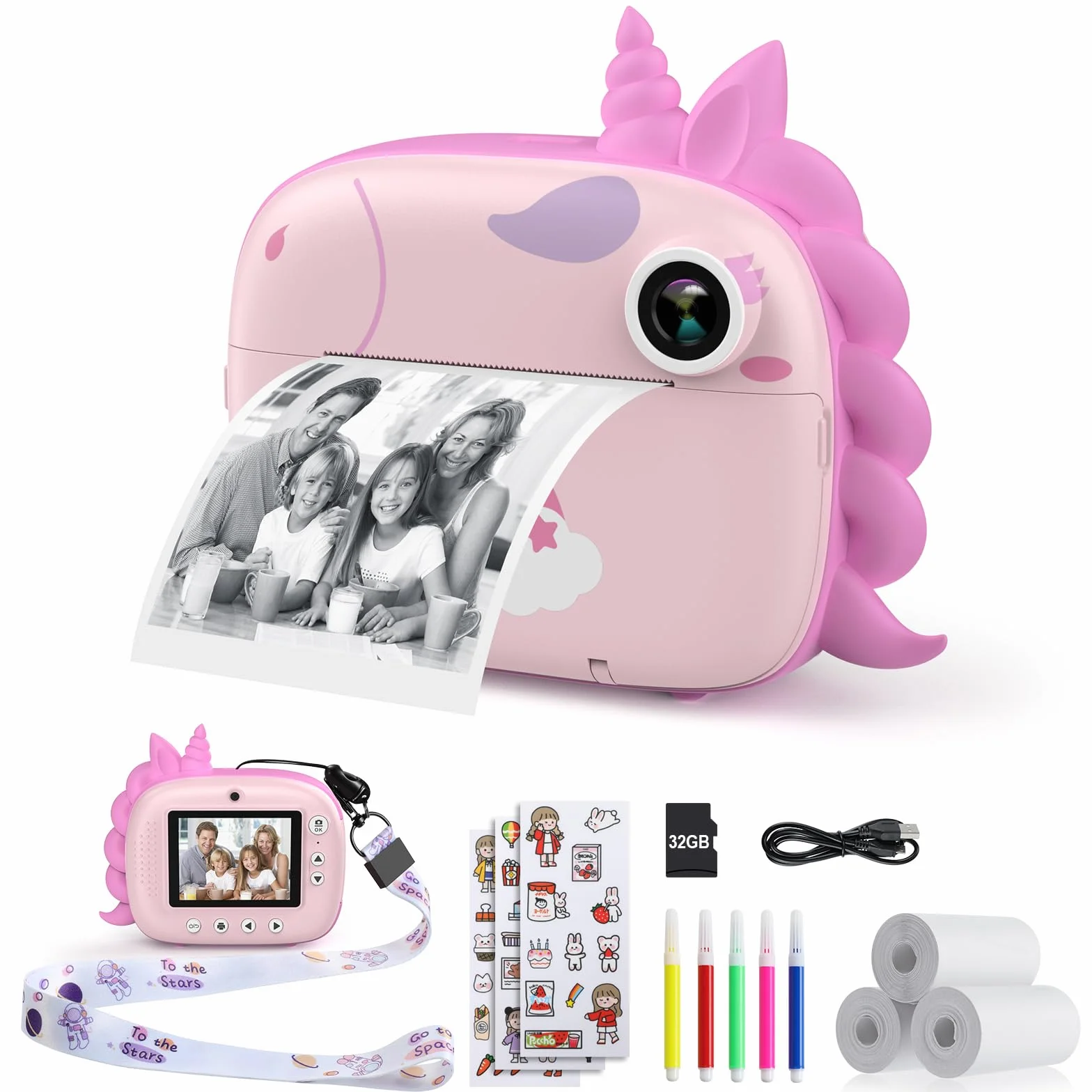 HiMont Cámara infantil digital instantánea 32 GB papel impresión tarjeta TF rosa