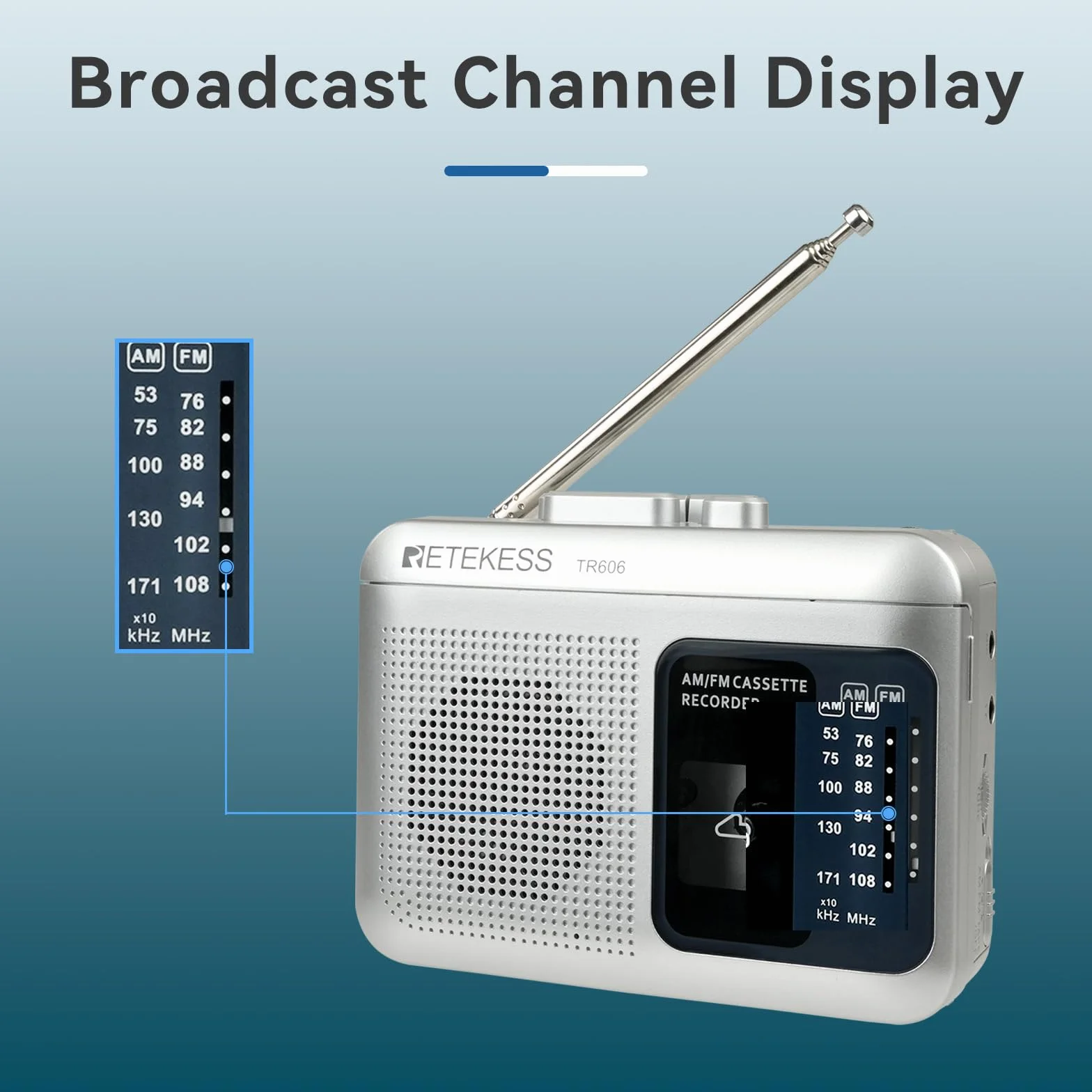 Retekess TR606 Reproductor de Casetes Portátil con Radio FM AM, Jack 3,5 mm, Grabación a Casete y PC, Plata