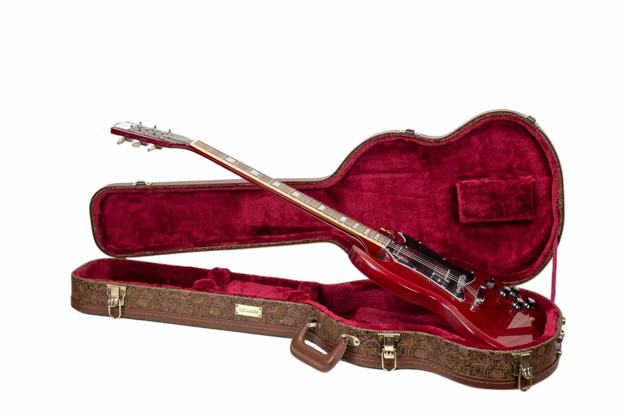 Crossrock Designer Series - Funda de Madera para Guitarras eléctricas Gibson SG, Cerradura de Seguridad, Patas de Metal, Espacio de Almacenamiento, Color marrón Flor (CRW530SGBQ), Marrón Flor, SG
