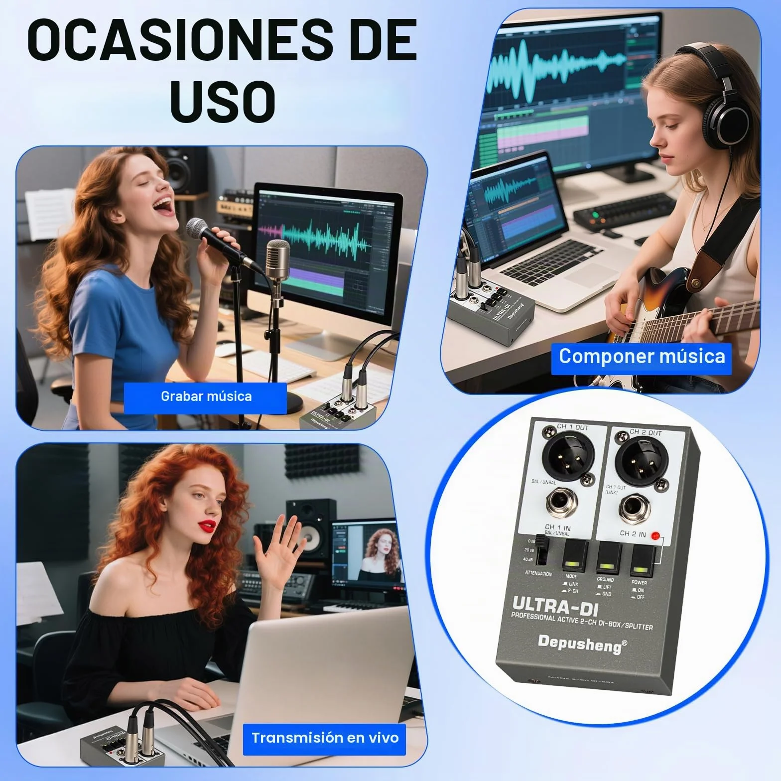 Depusheng Ultra-DI Di2 - Caja DI/Divisor activo profesional de 2 canales con atenuador de entrada para conectar guitarra y bajo, conector balanceado y no balanceado, compatible con 48 V
