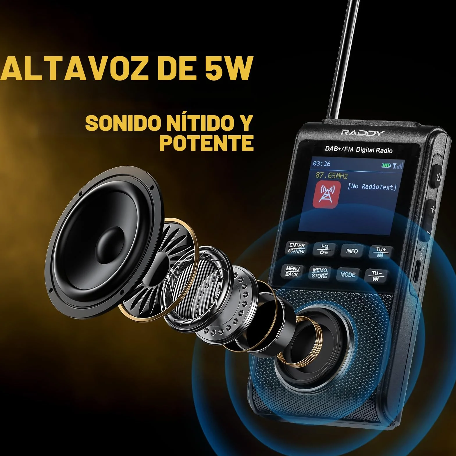 Raddy RD939 Radio portátil DAB FM de bolsillo con BT 5.3, altavoz 5W, pantalla 2", USB-C, batería 1200 mAh