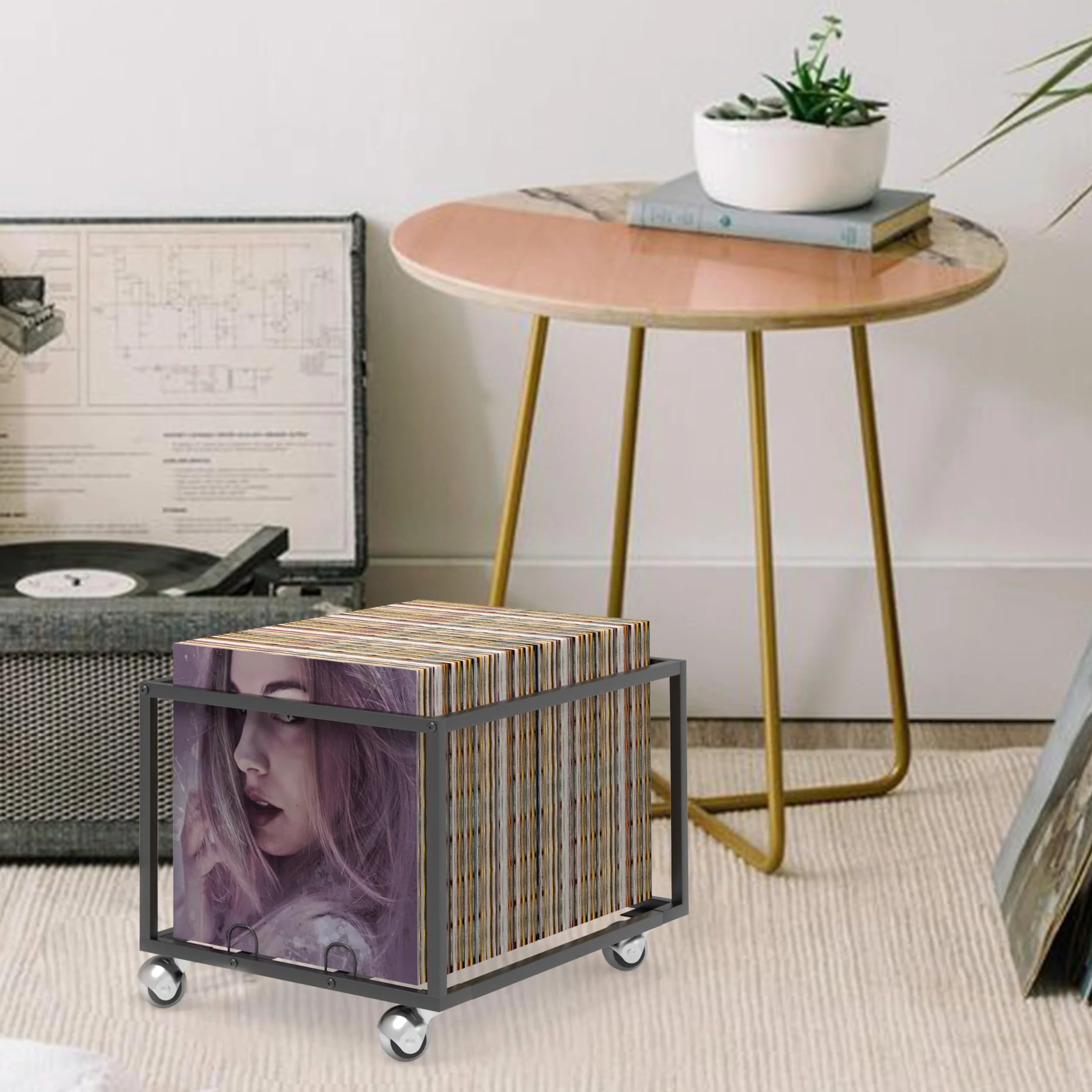 Almacenamiento de discos de vinilo sobre ruedas, estructura de metal resistente, capacidad para hasta 100 álbumes, elegante organizador para tu colección de vinilos