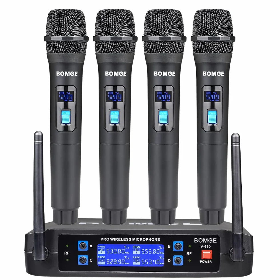 BOMGE Sistema de micrófono inalámbrico, Juego de micrófono inalámbrico Pro de 4 Canales con Cuatro micrófonos de Mano, frecuencia Fija, Largo Alcance de 200 pies, Ideal para Iglesia, Karaoke, Eventos