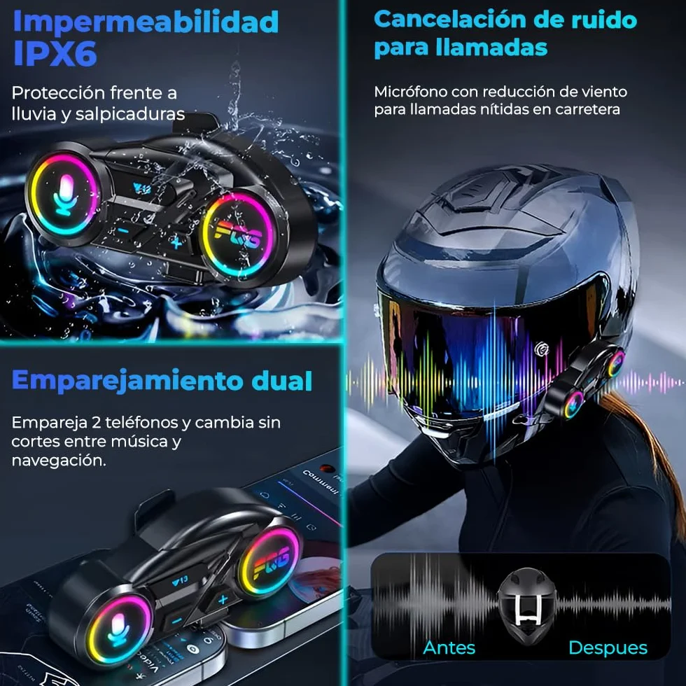 Auriculares Casco Moto Bluetooth 6.0, Auriculares Manos Libres, Doble Conexión, Cancelación de Ruido, Respuesta automática, Batería 20 h, Asistente de voz, Resistente al agua - No Intercomunicador.