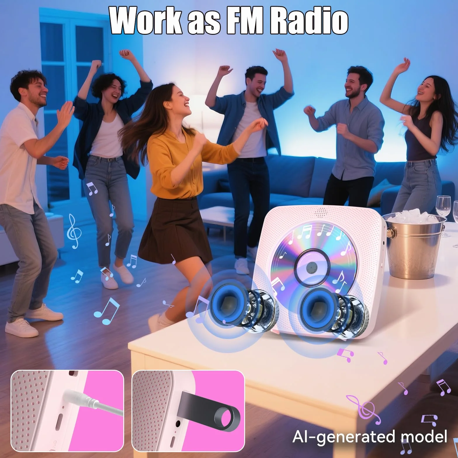 Gueray Reproductor de CD Portátil Bluetooth 1800mah Reproductor de CD Adecuado para Reproductores de CD Domésticos con Altavoces Dobles, Radio FM, Remoto, Puerto de Auriculares USB AUX-Rosa