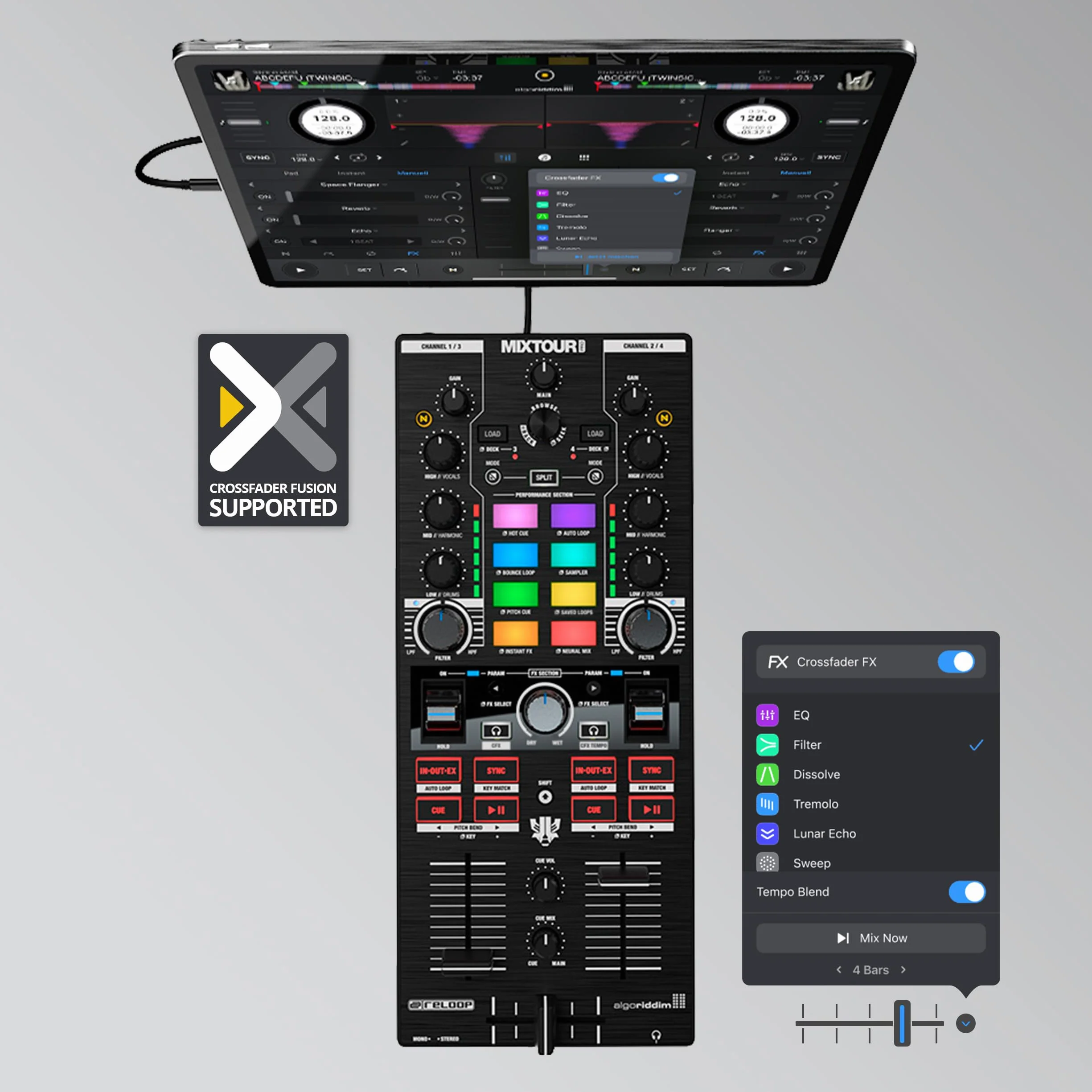 Reloop Mixtour Pro - Controlador de DJ ultraportátil todo en uno de 4 decks para Algoriddim djay Pro